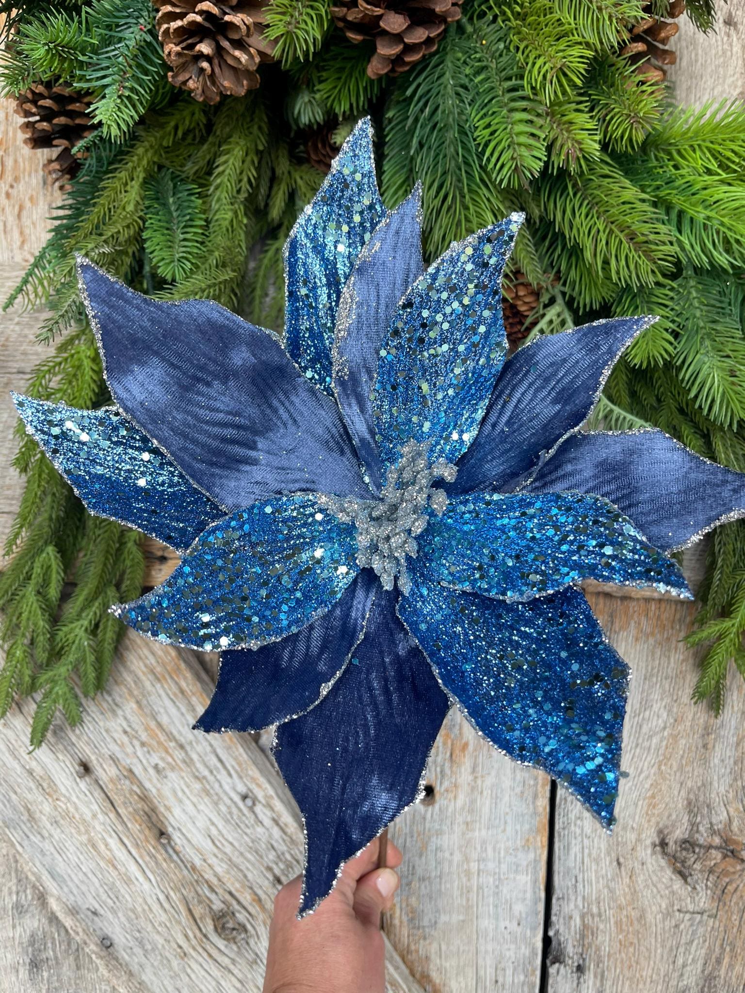 24" Blue Velvet Beaded Magnolia Stem, jeweled Christmas Spray