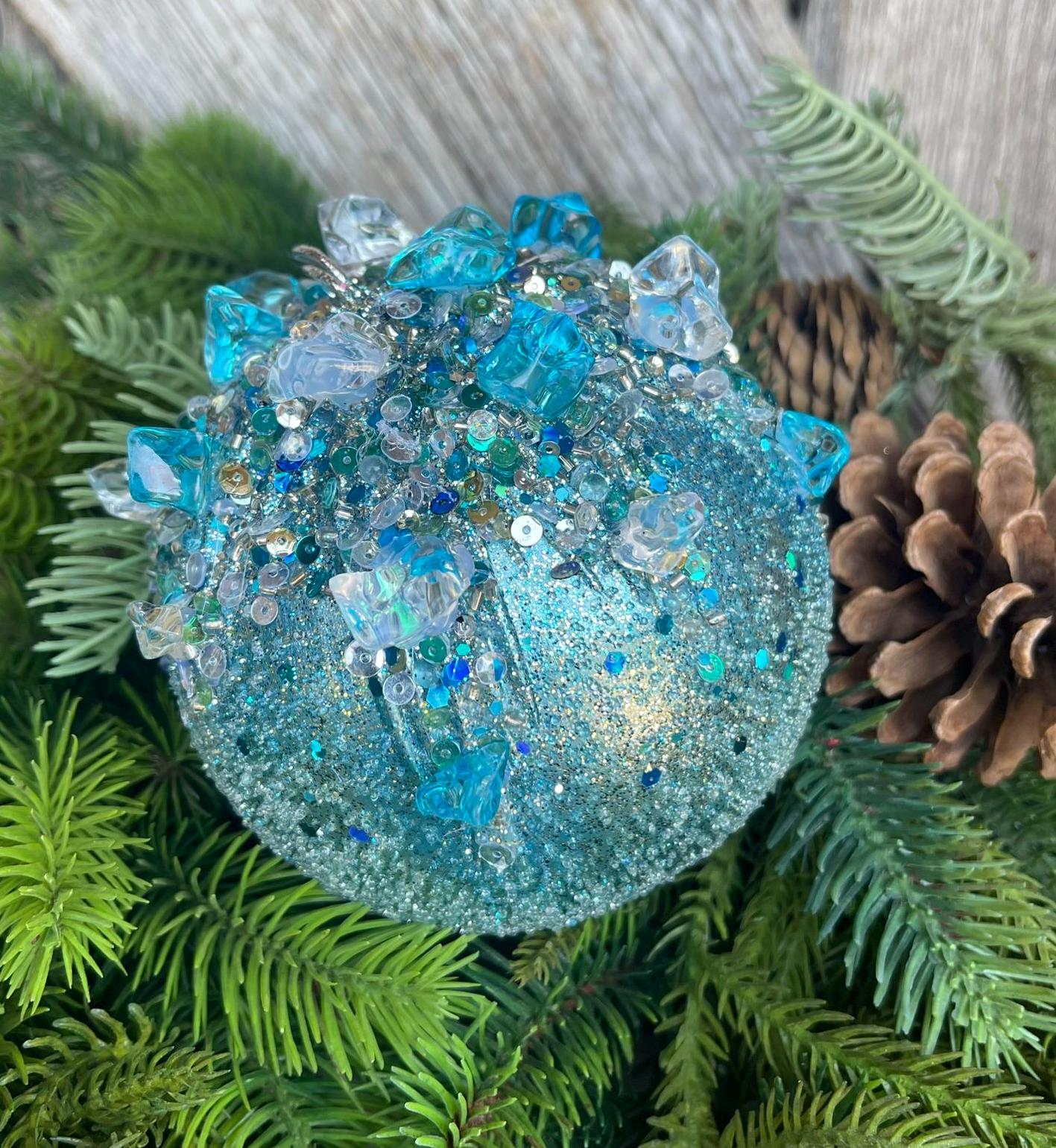 5" Blue Sugar Crystal Bejeweled Ornament, Blue Ornament