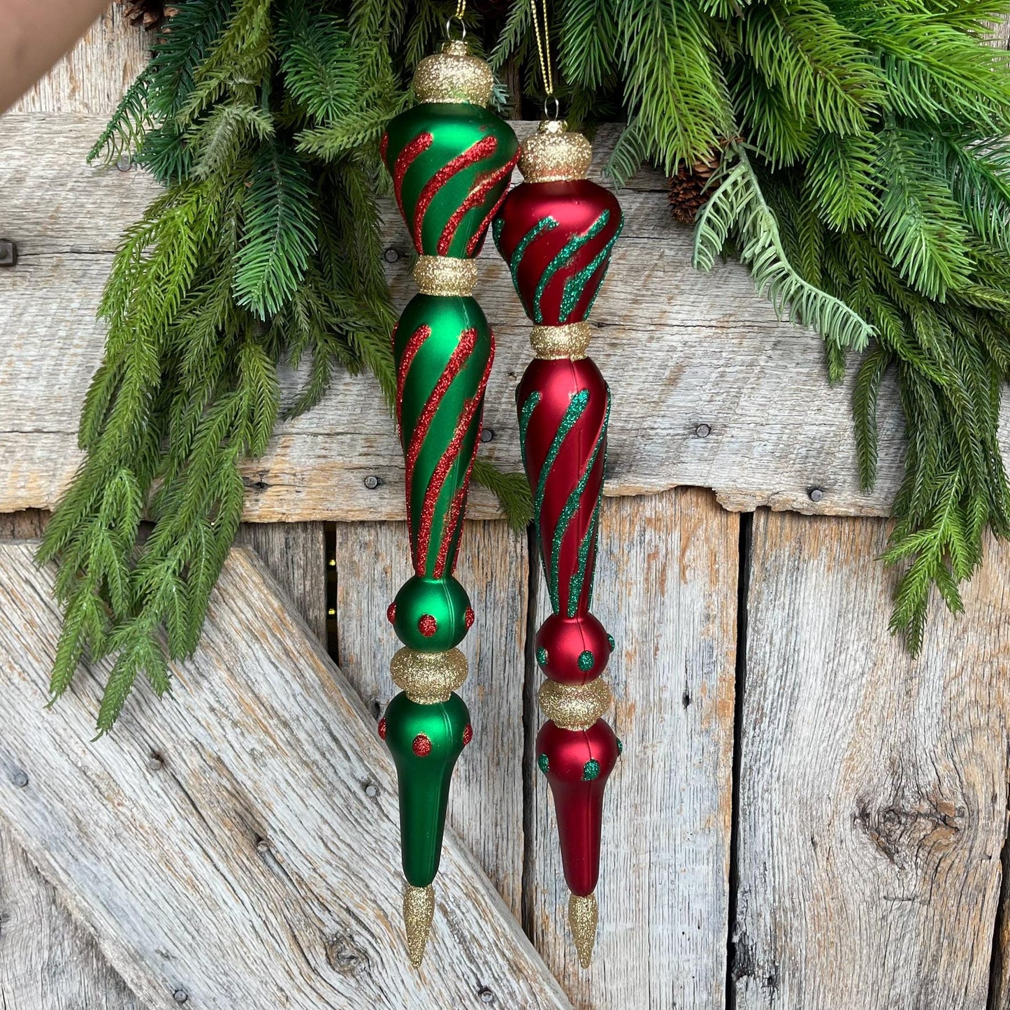 Set of 2 17" Red Green Finials, Red Green Ornament