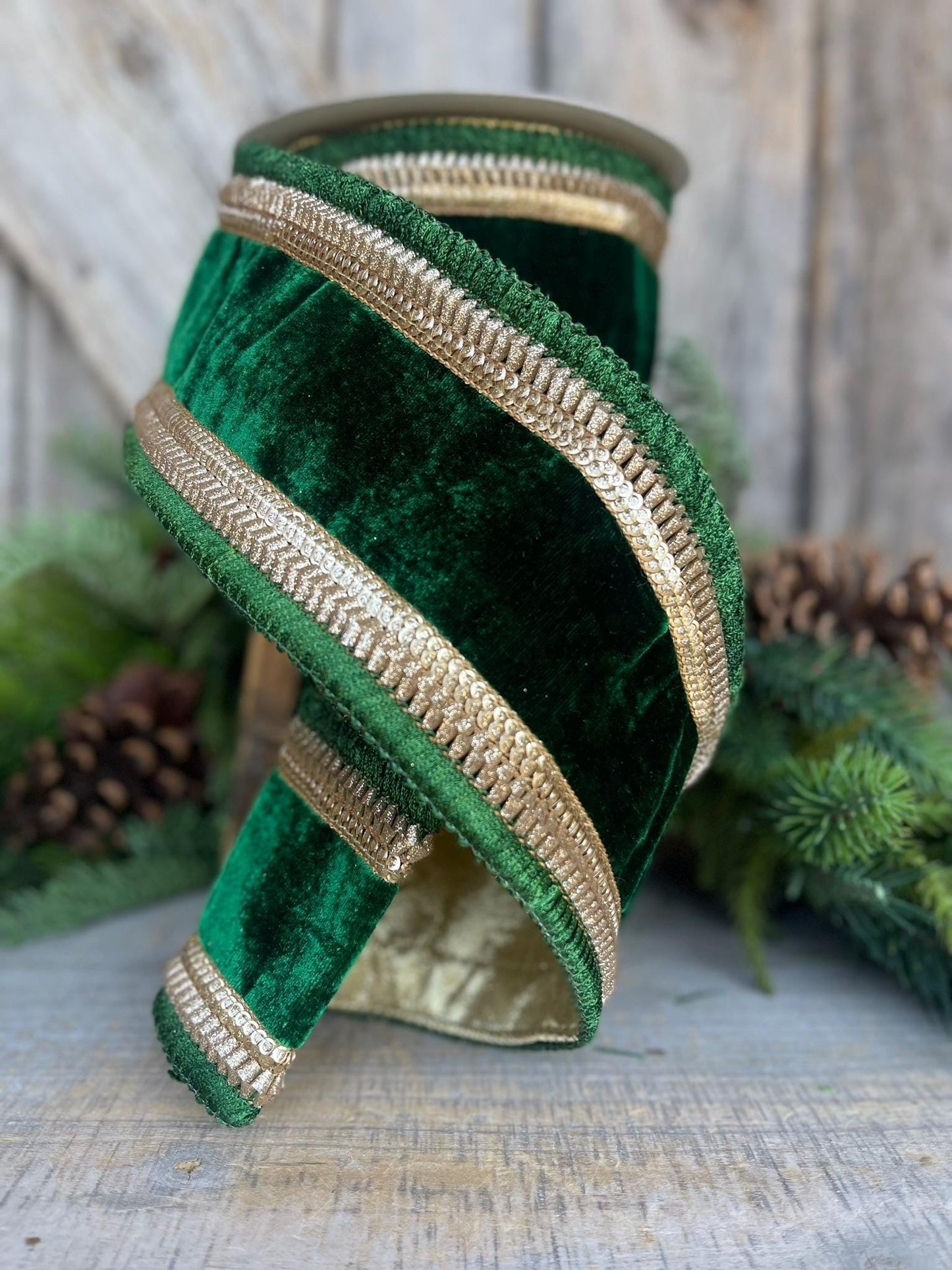 4" Emerald Green Gold Velvet, Farrisilk Ribbon