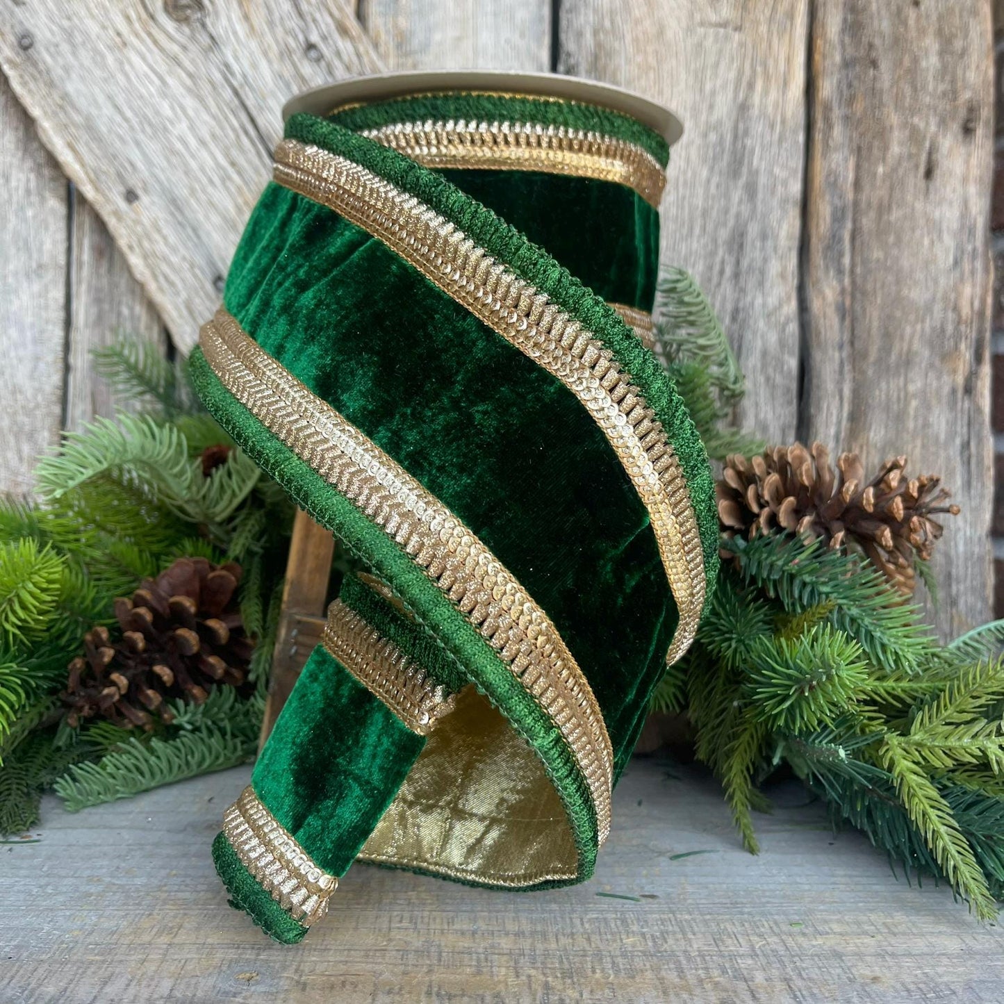 4" Emerald Green Gold Velvet, Farrisilk Ribbon