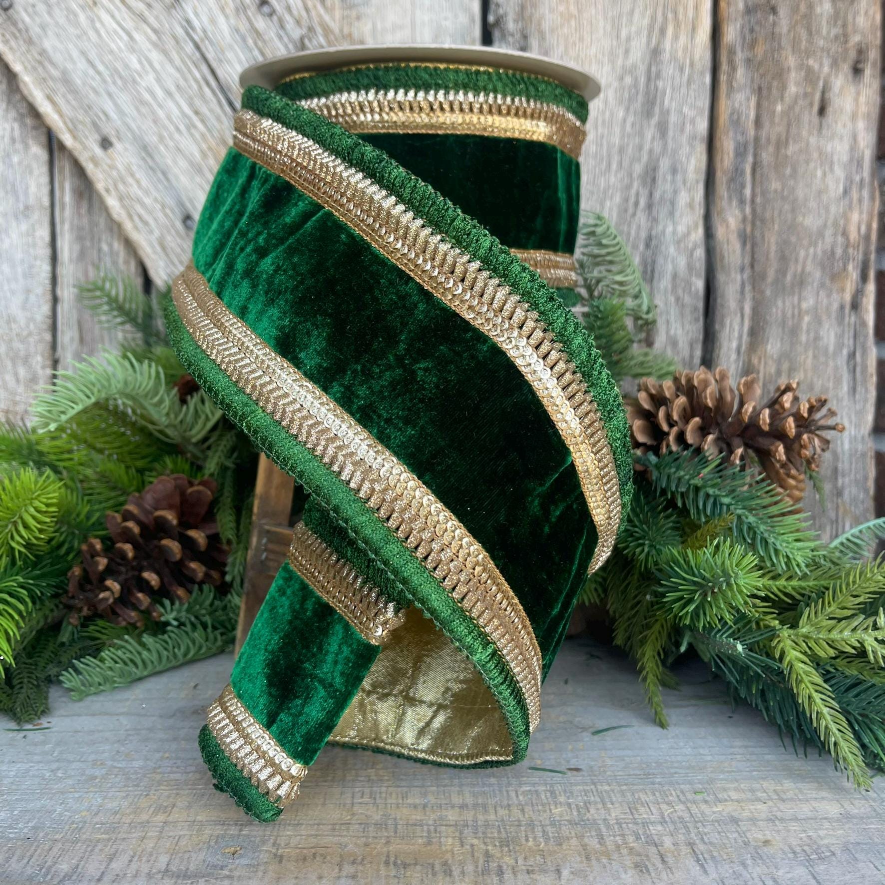 4" Emerald Green Gold Velvet, Farrisilk Ribbon