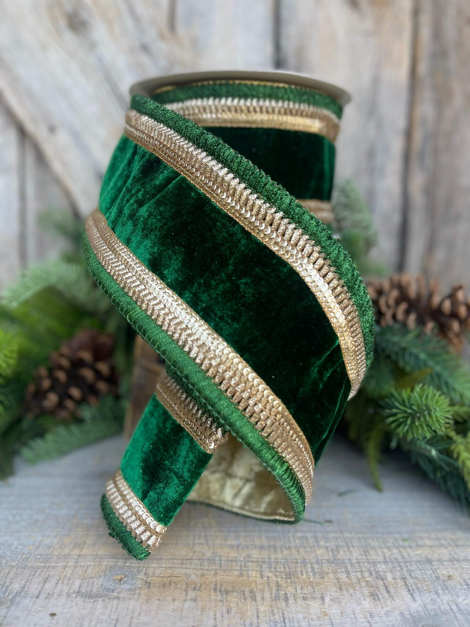 4" Emerald Green Gold Velvet, Farrisilk Ribbon