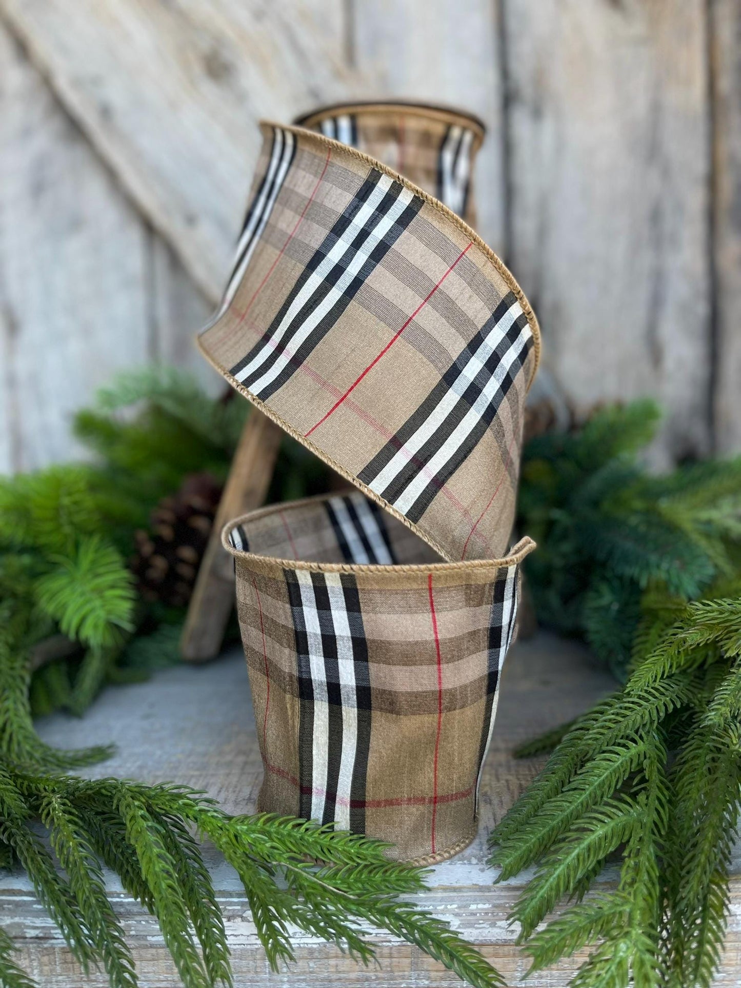 4” Burbank holiday plaid, brown black red plaid Christmas ribbon