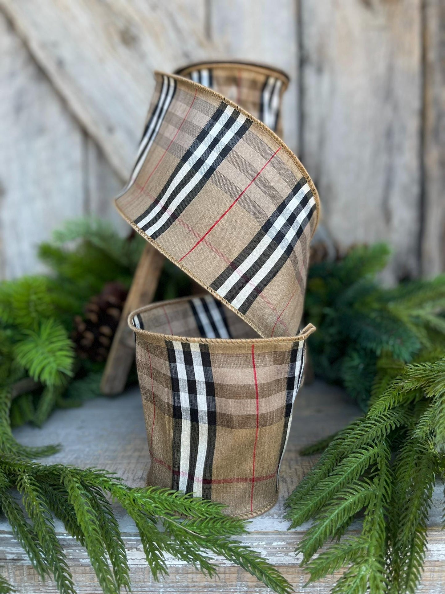 4” Burbank holiday plaid, brown black red plaid Christmas ribbon