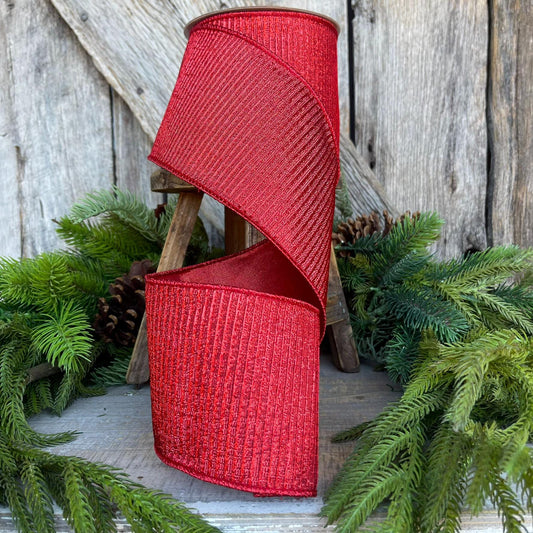 4" Red Pleated Metallic Wired Ribbon, Red Metallic Ribbon, Christmas Ribbon, Ribbon for Tree, Designer Ribbon, Red Ribbon, Holiday Ribbon