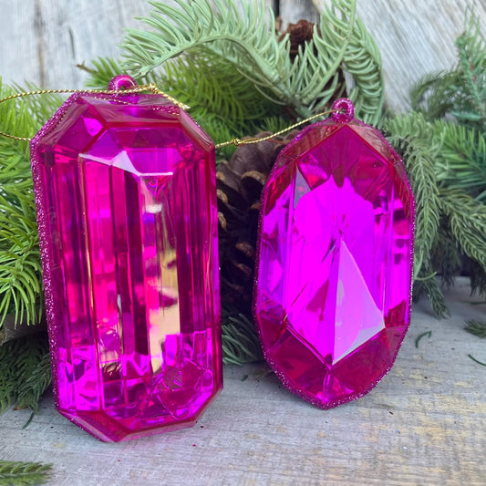 Hot Pink Jewel Ornaments, Set of 2, Jewel Ornamnet, Christmas Ornament, Rectangle Jewel Set, Hot Pink Ornaments