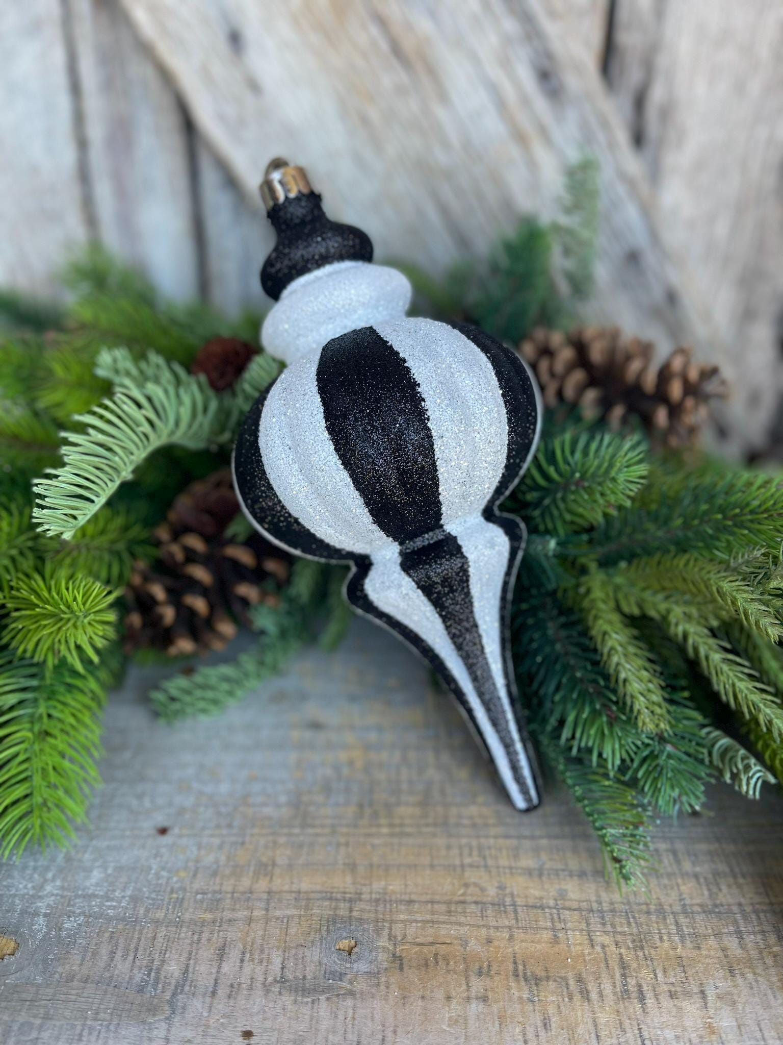 8" Black White Finial, Black White Ornament, Finial Ornament, Shatterproof Ornament, Striped Ornament, Christmas Ornament, 85950BKWT