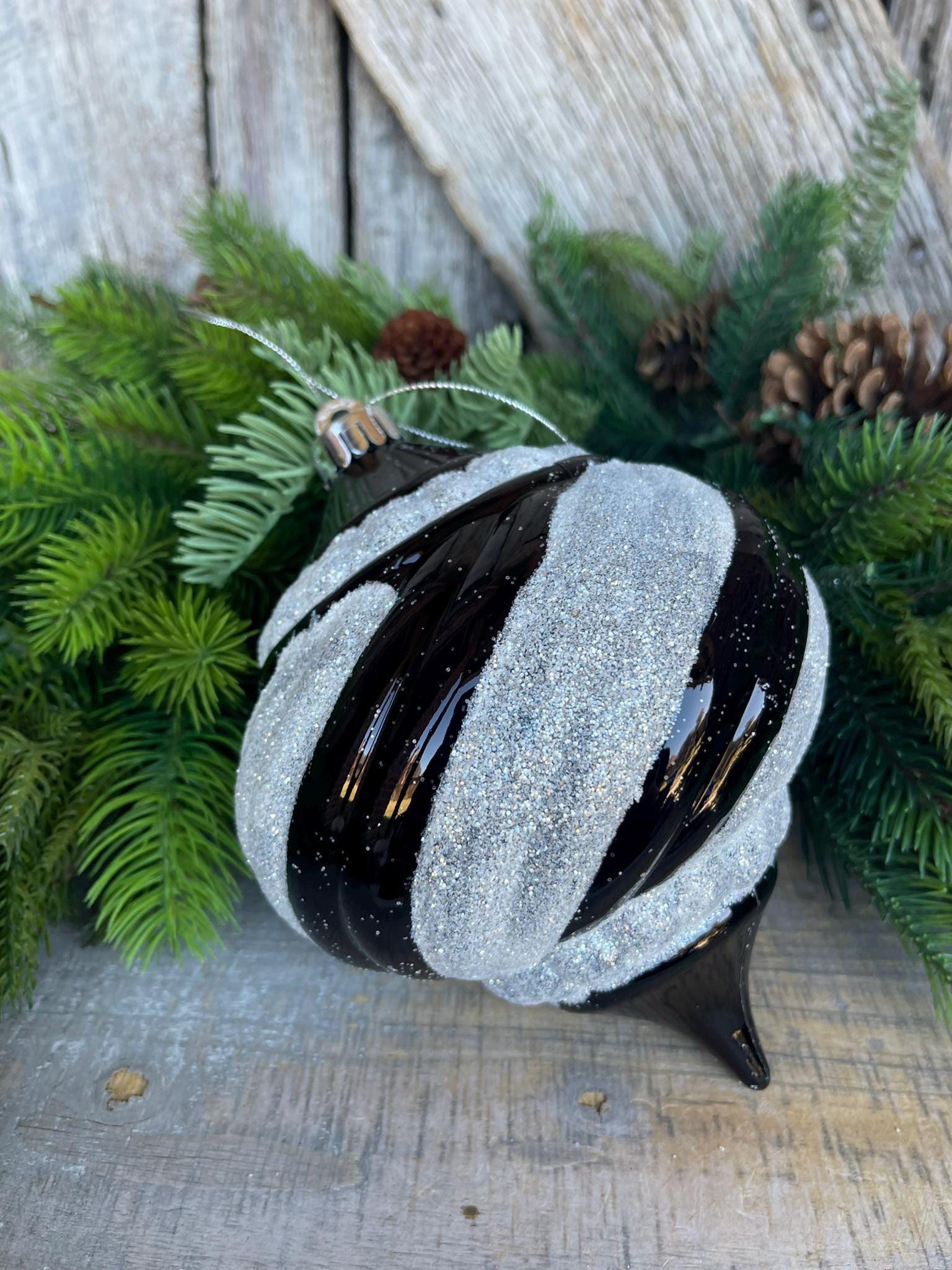 8" Black White Finial, Black White Ornament, Finial Ornament, Shatterproof Ornament, Striped Ornament, Christmas Ornament, 85950BKWT