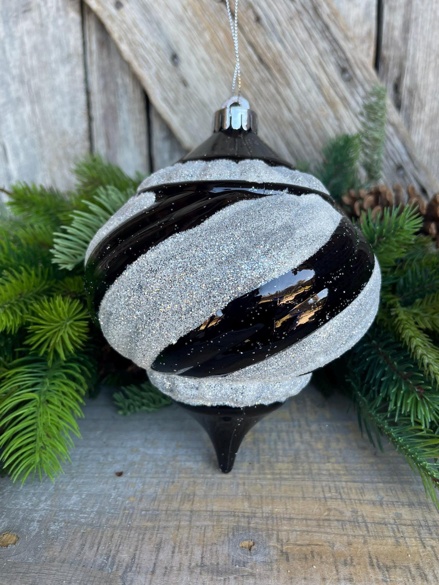 8" Black White Finial, Black White Ornament, Finial Ornament, Shatterproof Ornament, Striped Ornament, Christmas Ornament, 85950BKWT