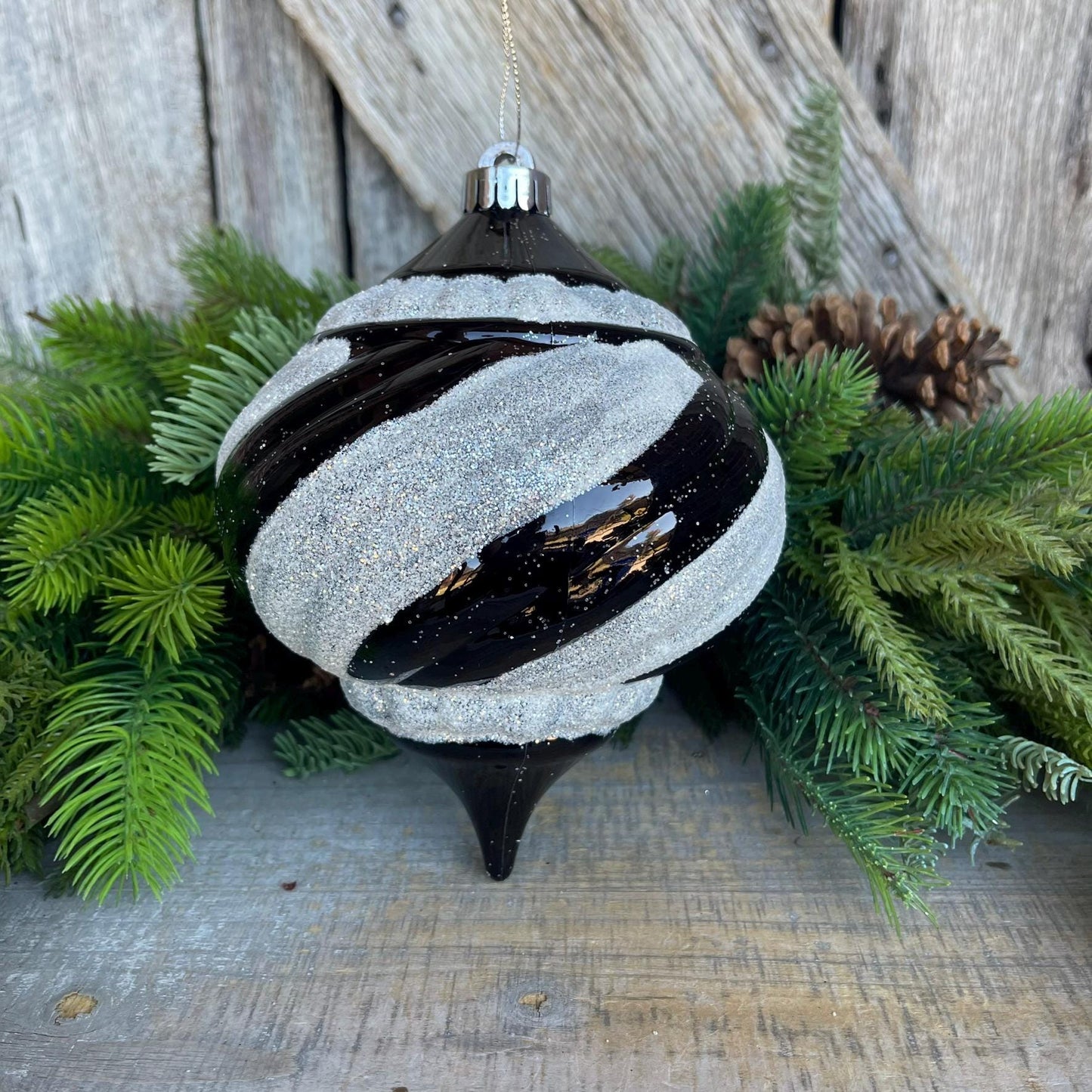 8" Black White Finial, Black White Ornament, Finial Ornament, Shatterproof Ornament, Striped Ornament, Christmas Ornament, 85950BKWT