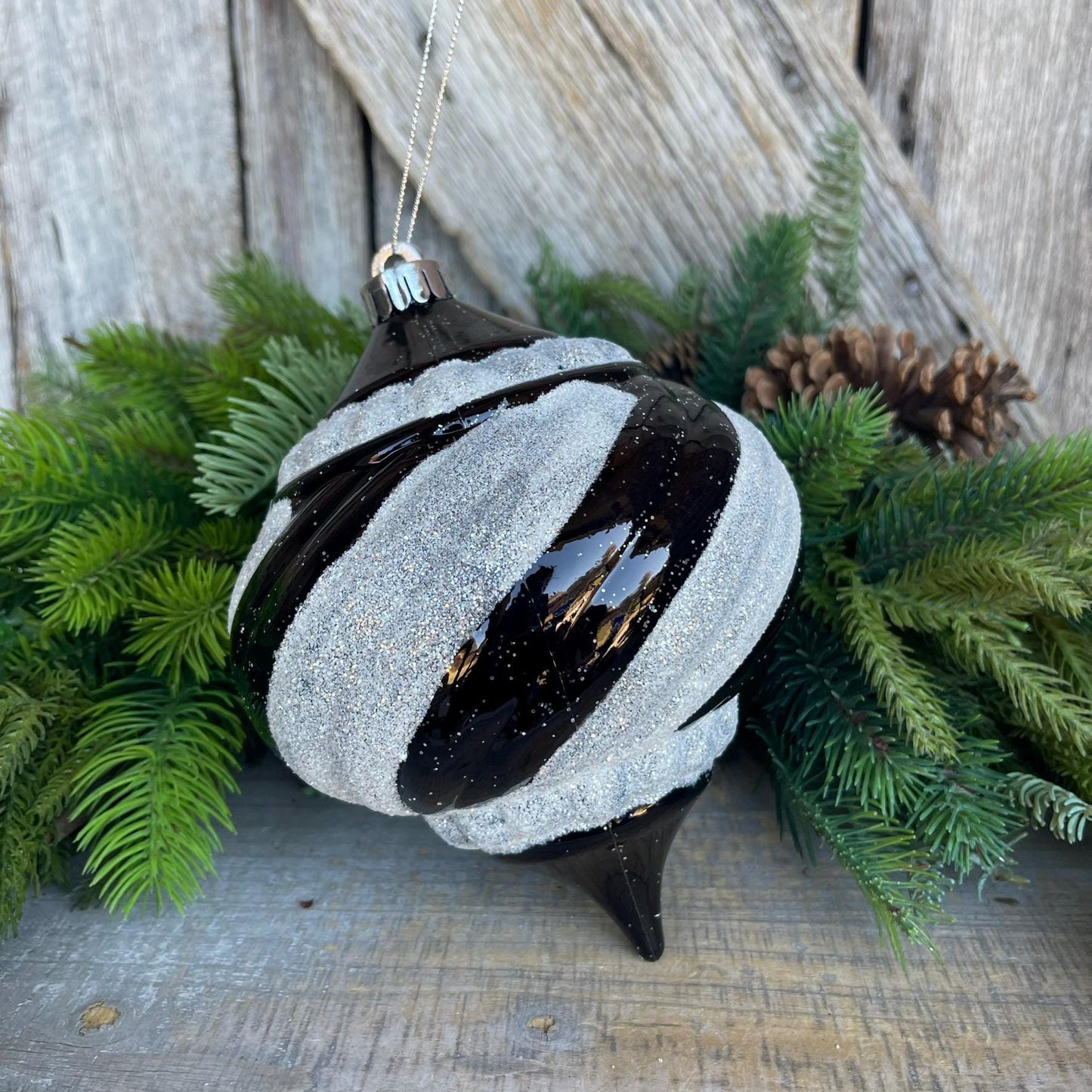 8" Black White Finial, Black White Ornament, Finial Ornament, Shatterproof Ornament, Striped Ornament, Christmas Ornament, 85950BKWT