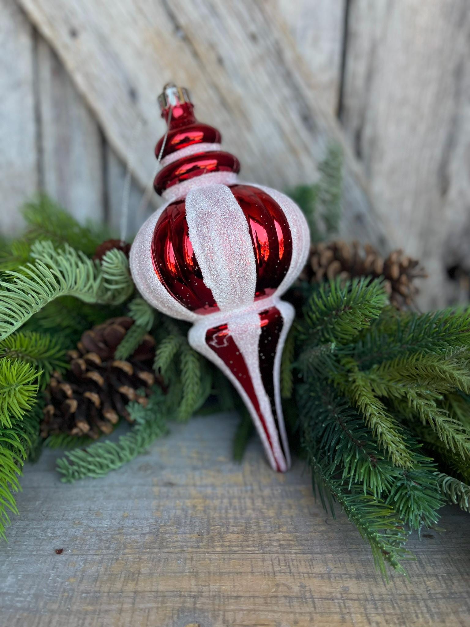 10" Red White Finial, Peppermint Ornament