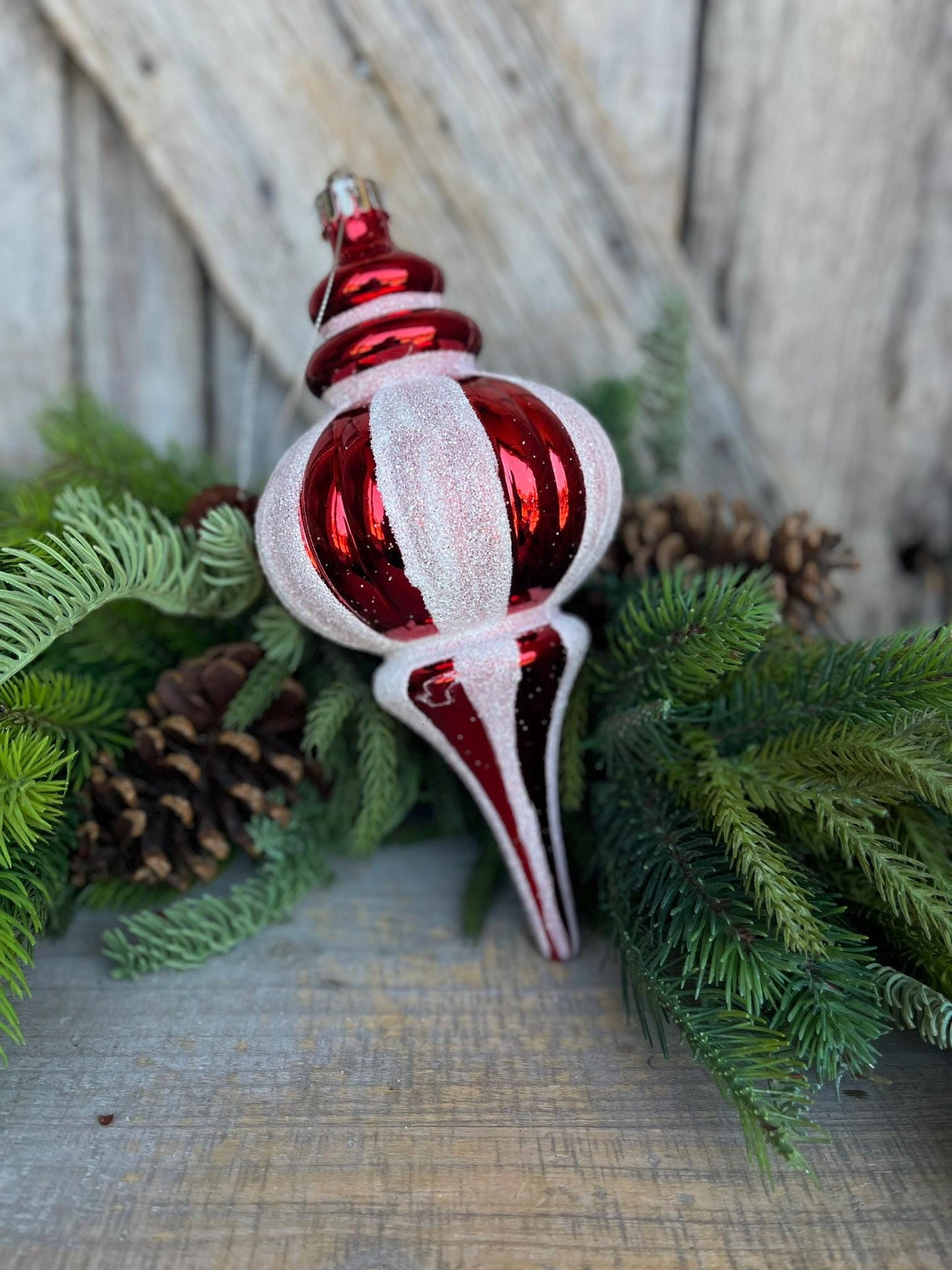 10" Red White Finial, Peppermint Ornament