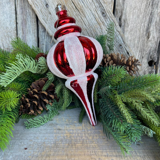 10" Red White Finial, Peppermint Ornament, Finial Ornament, Shatterproof Ornament, Striped Ornament, Red Christmas Ornament, 84910RDWT