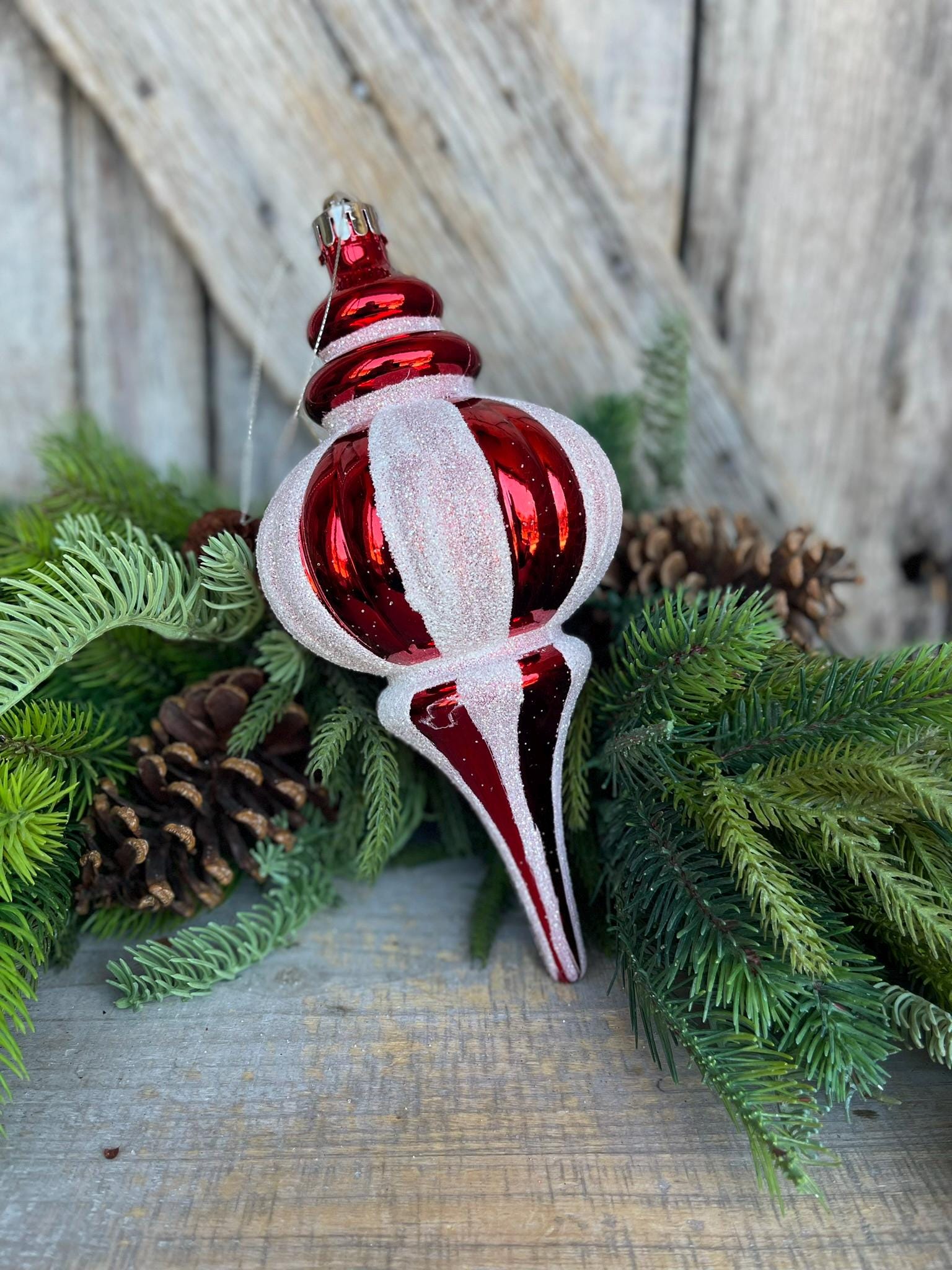 10" Red White Finial, Peppermint Ornament