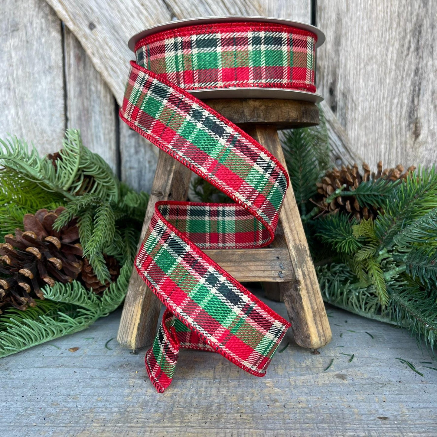 1.5" Red Green Country Twill Ribbon, Christmas Plaid Ribbon