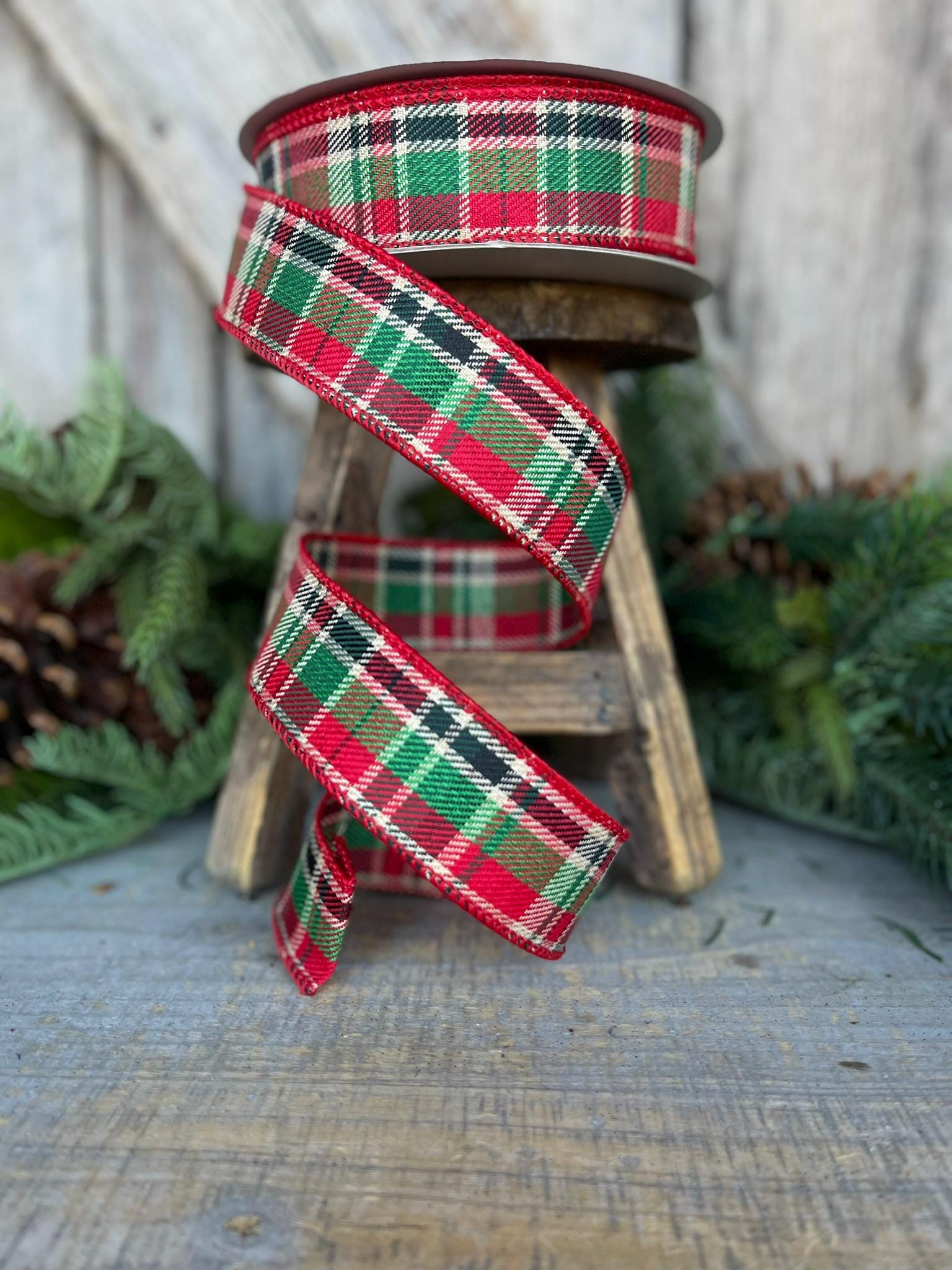 1.5" Red Green Country Twill Ribbon, Christmas Plaid Ribbon