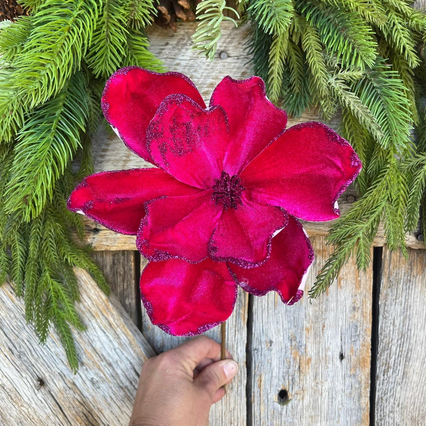 14" Hot Pink Velvet Magnolia, Christmas Magnolia