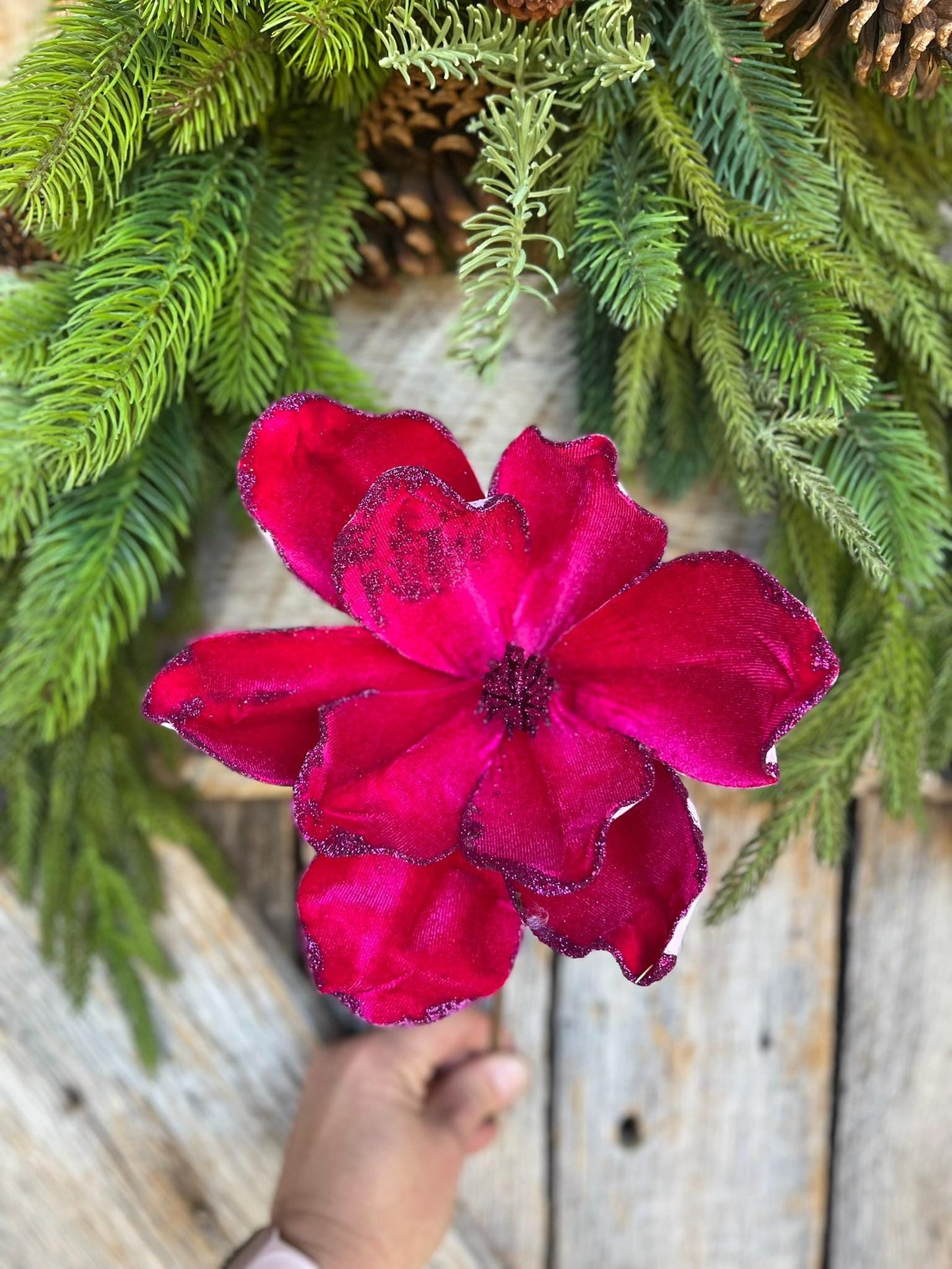 14" Hot Pink Velvet Magnolia, Christmas Magnolia