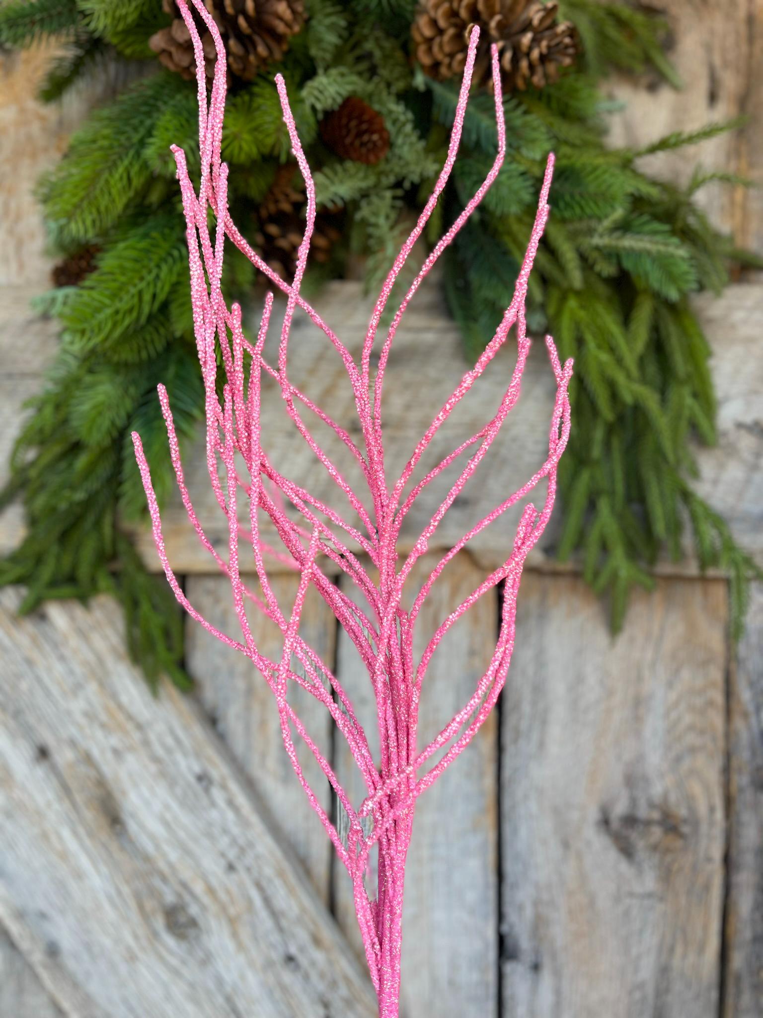 30" Pink Glitter Twig Christmas Spray, Pink Christmas Spray