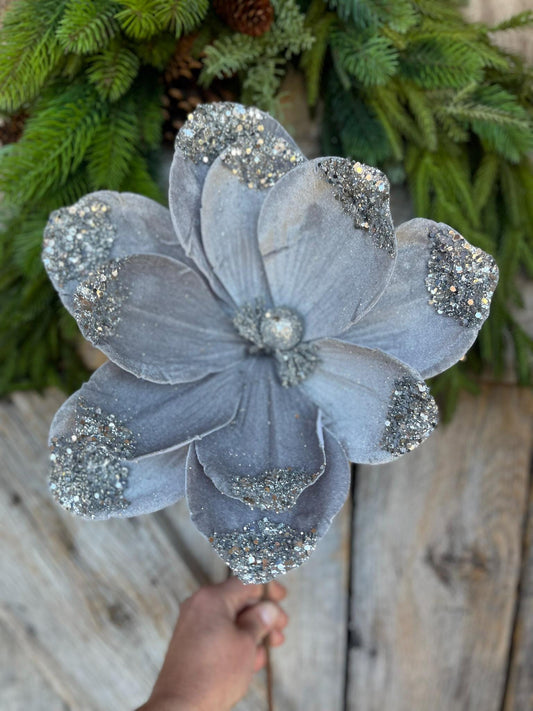 21" Silver GrayVelvet Magnolia, Christmas Magnolia, Faux Magnolia Stem, Glitz Magnolia, Silver Christmas Floral, Christmas Tree Floral