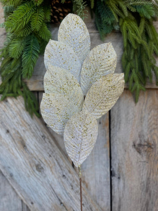 27" Ivory Leaf Christmas Spray, Cream Ivory Christmas Leaves Spray, Christmas Floral Stem, Ivory Gold Christmas Tree Spray, Picks and Stems