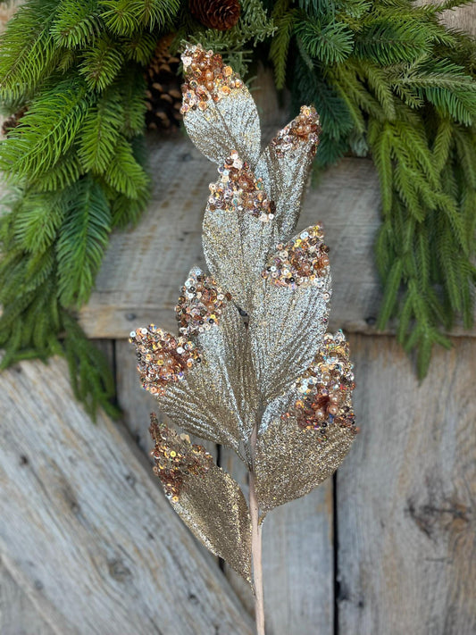 29" Champagne Gold Glitter Leaf Spray, Christmas Spray, Christmas Tree Spray, Gold Christmas Picks & Stems