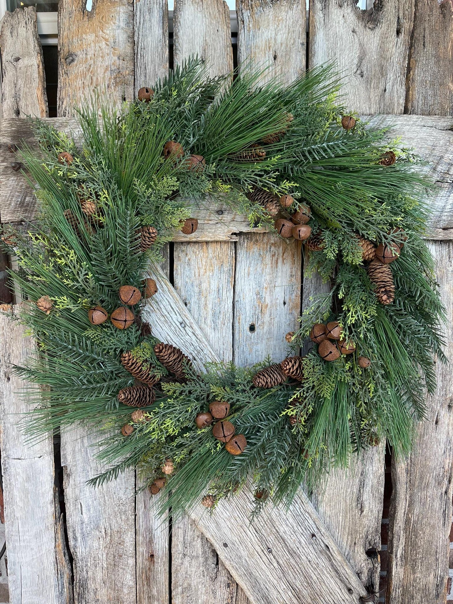 24" Pine Rustic Jingle Bell Wreath, Pine Wreath, Artificial Pine Wreath, Christmas Wreath, Artificial Wreath