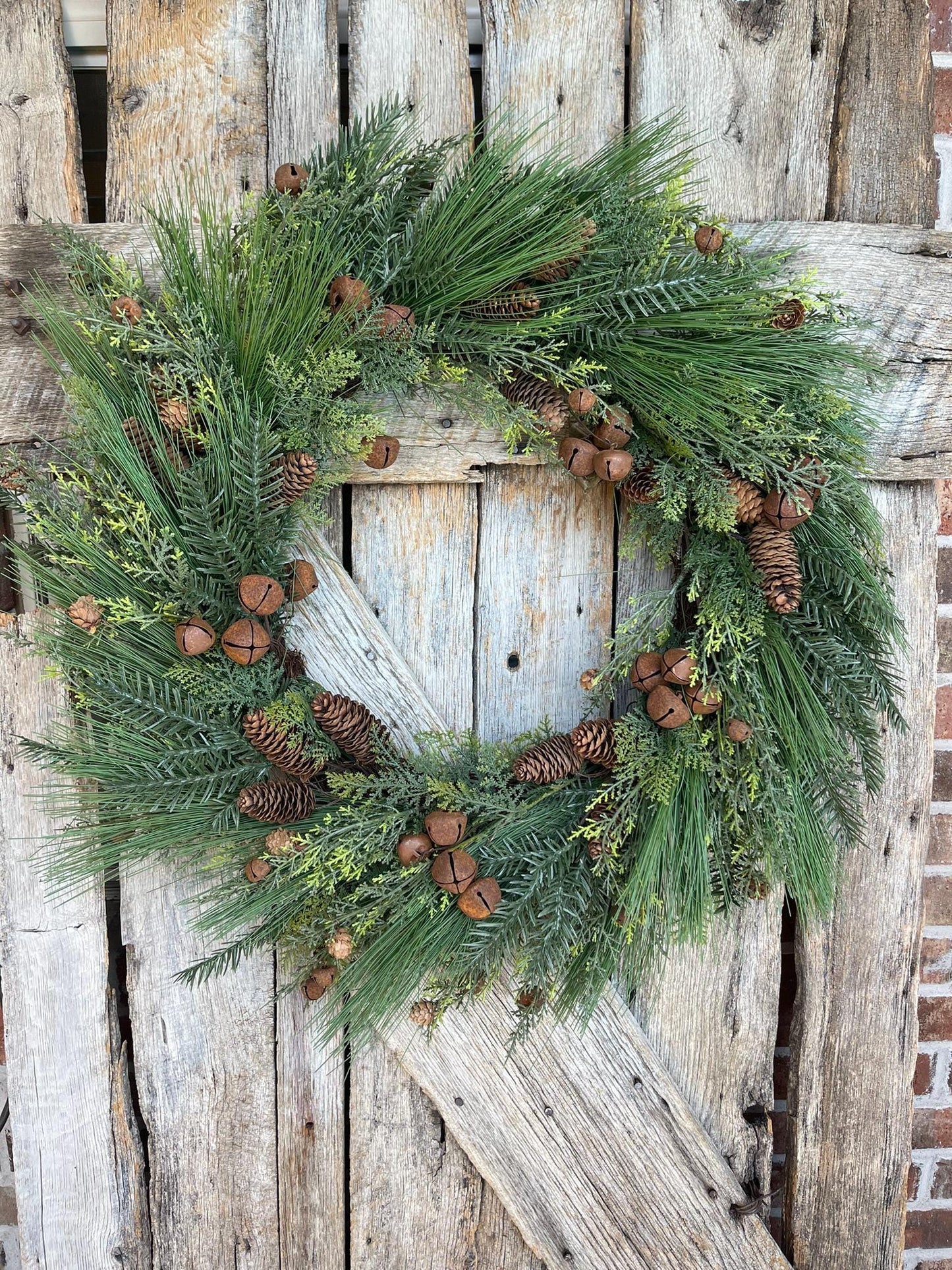 24" Pine Rustic Jingle Bell Wreath, Pine Wreath, Artificial Pine Wreath, Christmas Wreath, Artificial Wreath