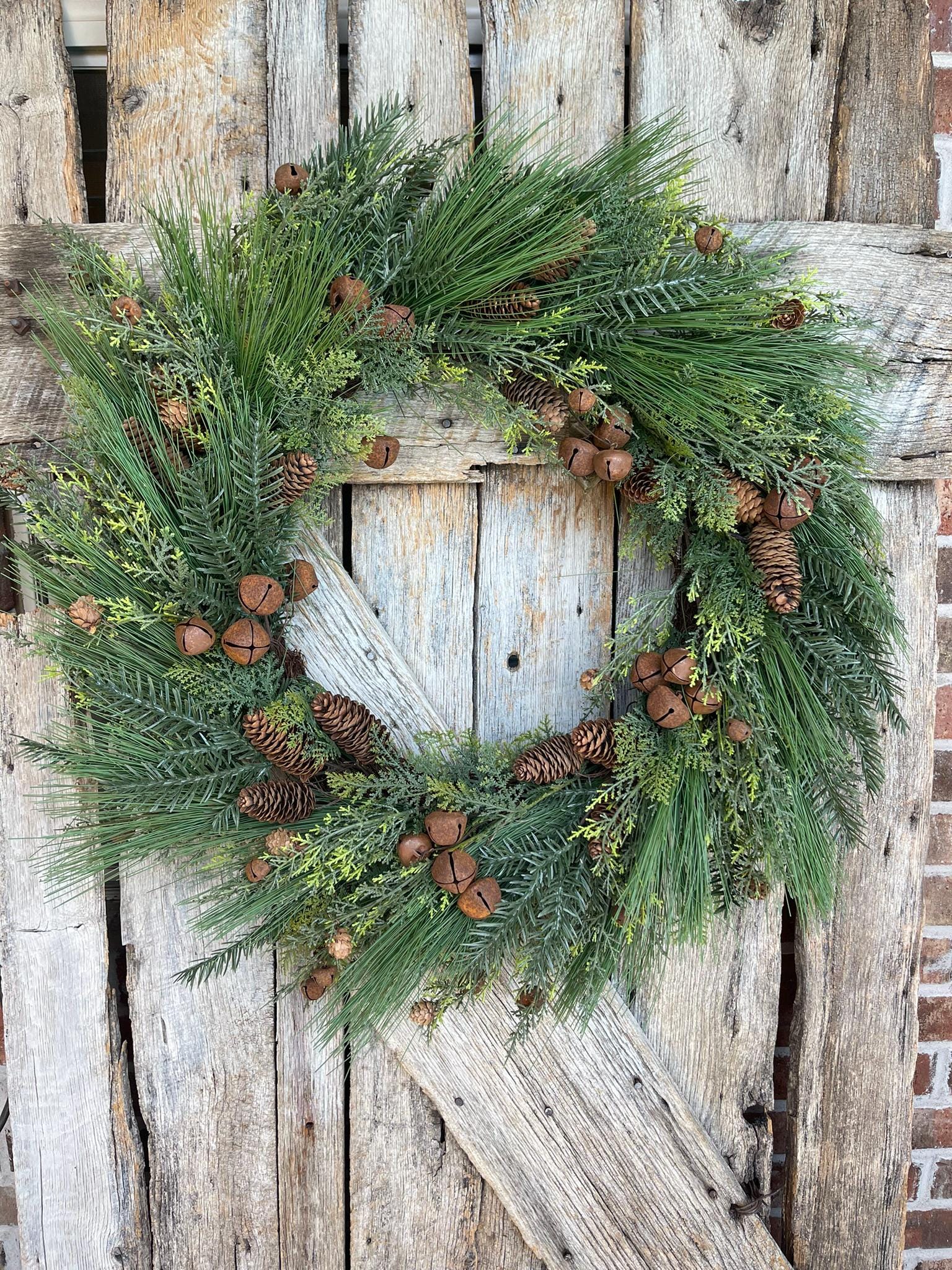 24" Pine Rustic Jingle Bell Wreath, Pine Wreath, Artificial Pine Wreath, Christmas Wreath, Artificial Wreath