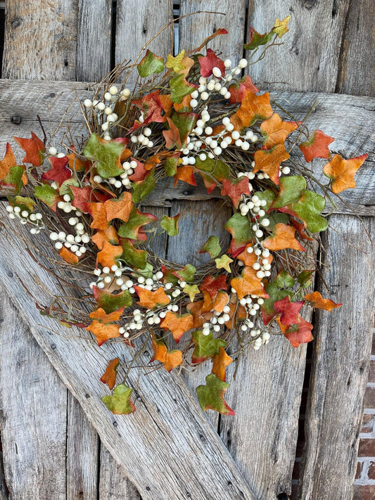 22" Fall Leaves Taupe Berry Wreath, Artificial Fall Wreath, Taupe Cream Berry Wreath, Fall Wreath, Thanksgiving Decor,Fall Front Door Wreath