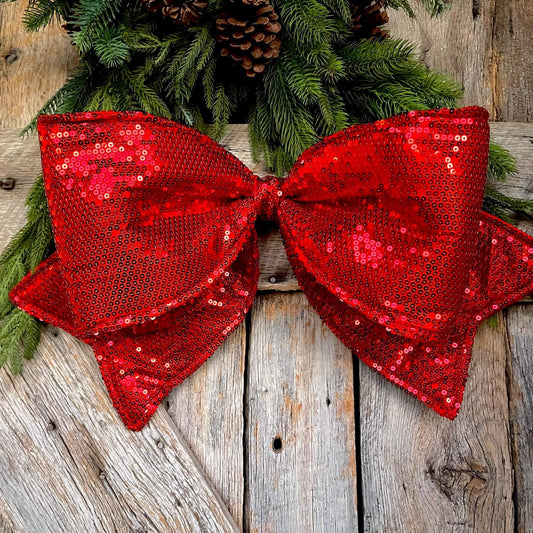 24" Red Sequin Bow, Farrisilk Bow, Tree Bow, Christmas Wreath Bow, Big Red Bow, Big Bow, Tree Topper Bow, Red Decor,Red Bow, CX082-02