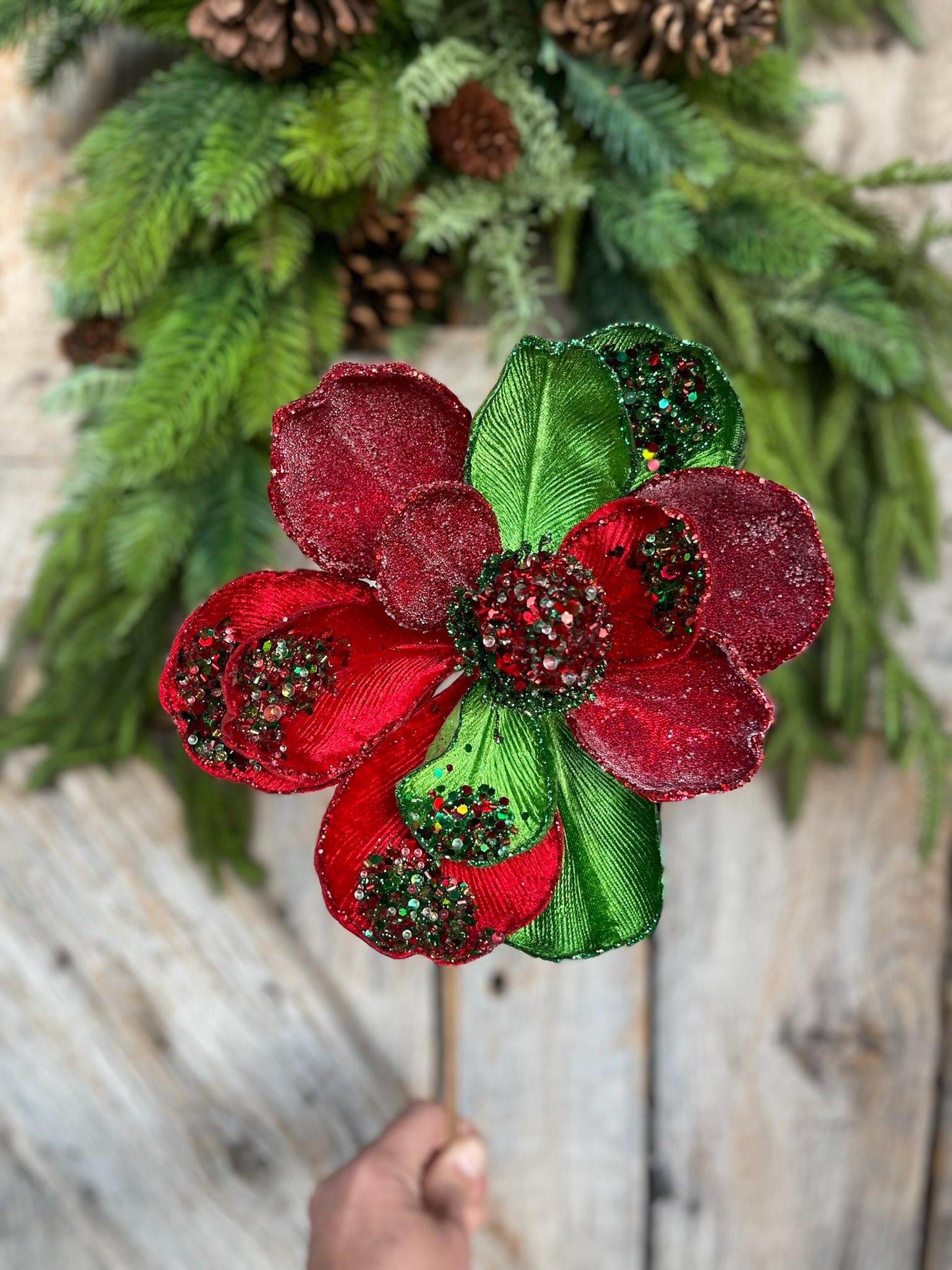 24" Red Green Jeweled Magnolia Pick, Red Christmas Magnolia