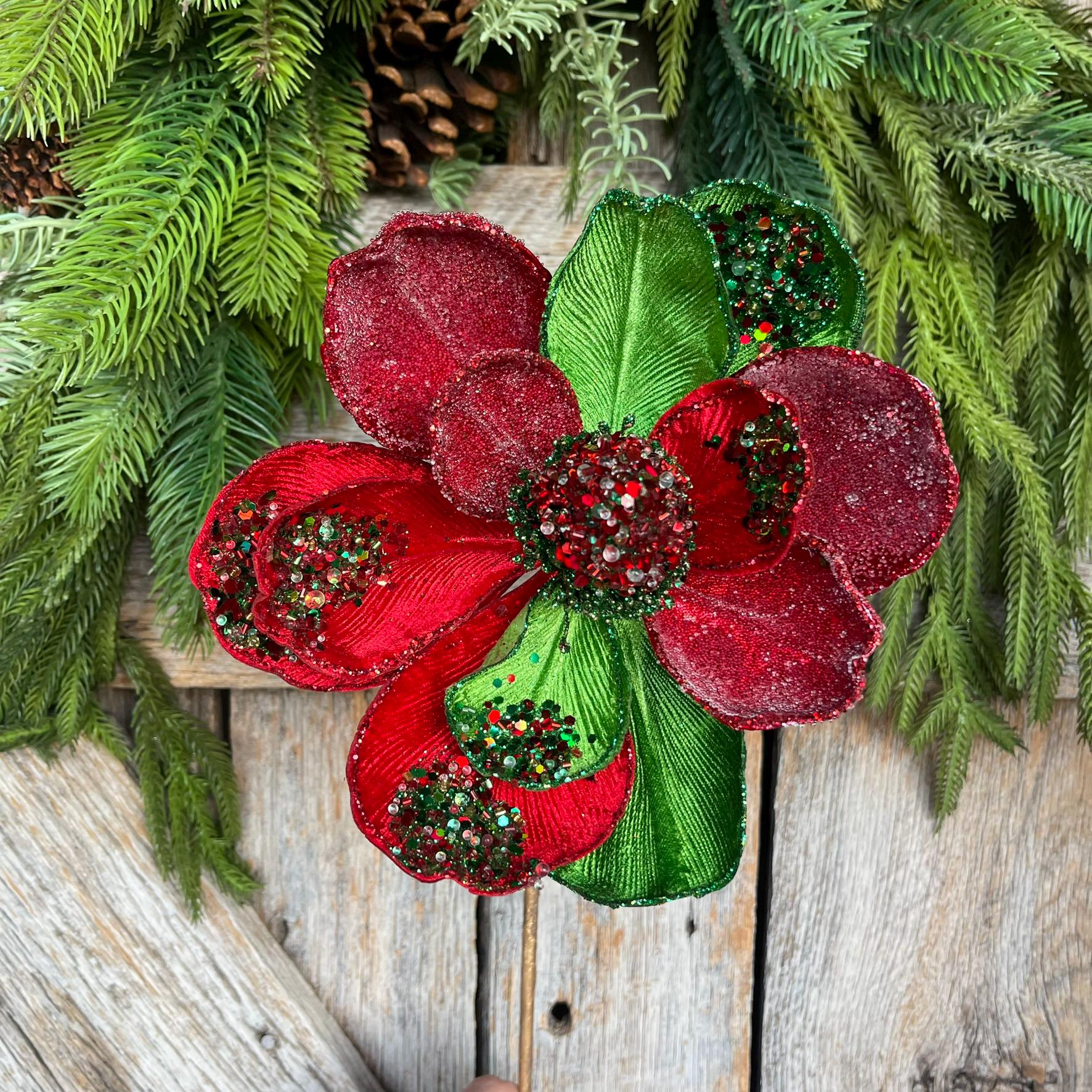 24" Red Green Jeweled Magnolia Pick, Red Christmas Magnolia