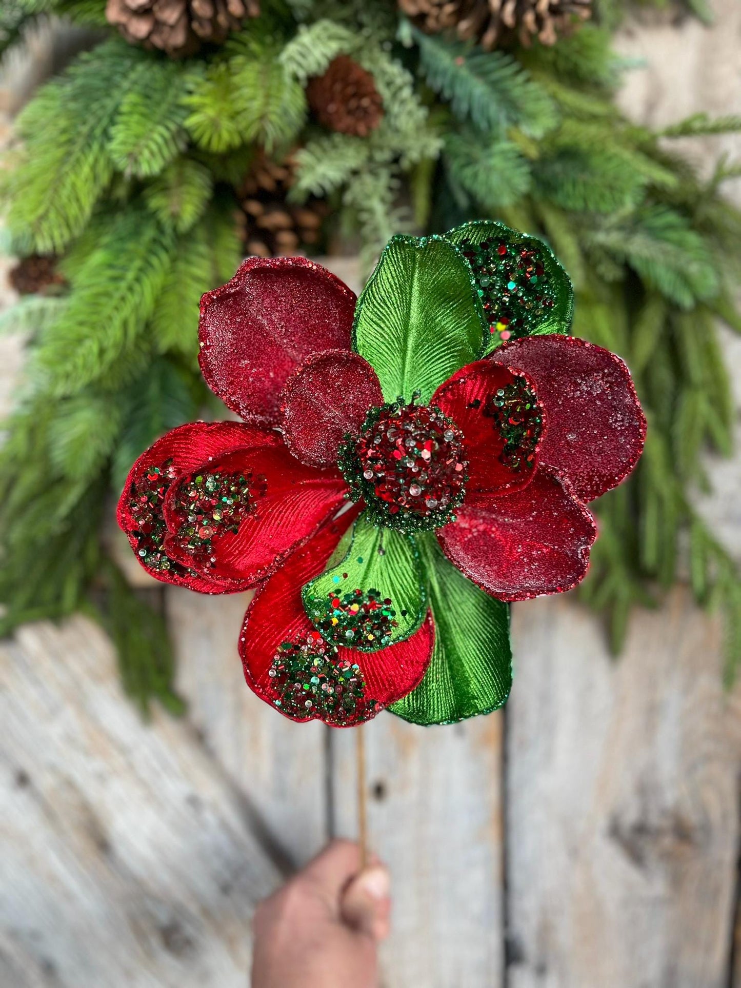 24" Red Green Jeweled Magnolia Pick, Red Christmas Magnolia