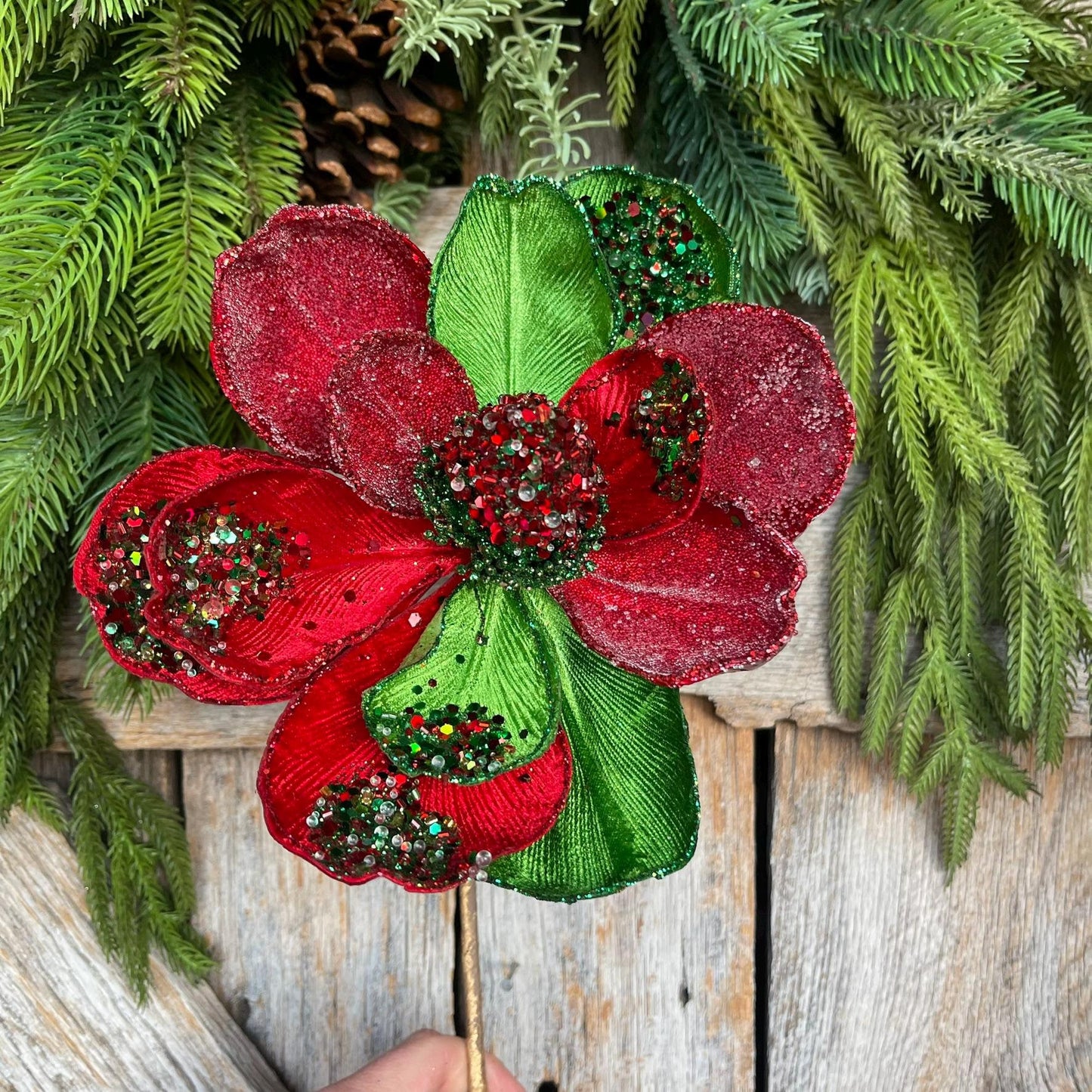 24" Red Green Jeweled Magnolia Pick, Red Christmas Magnolia