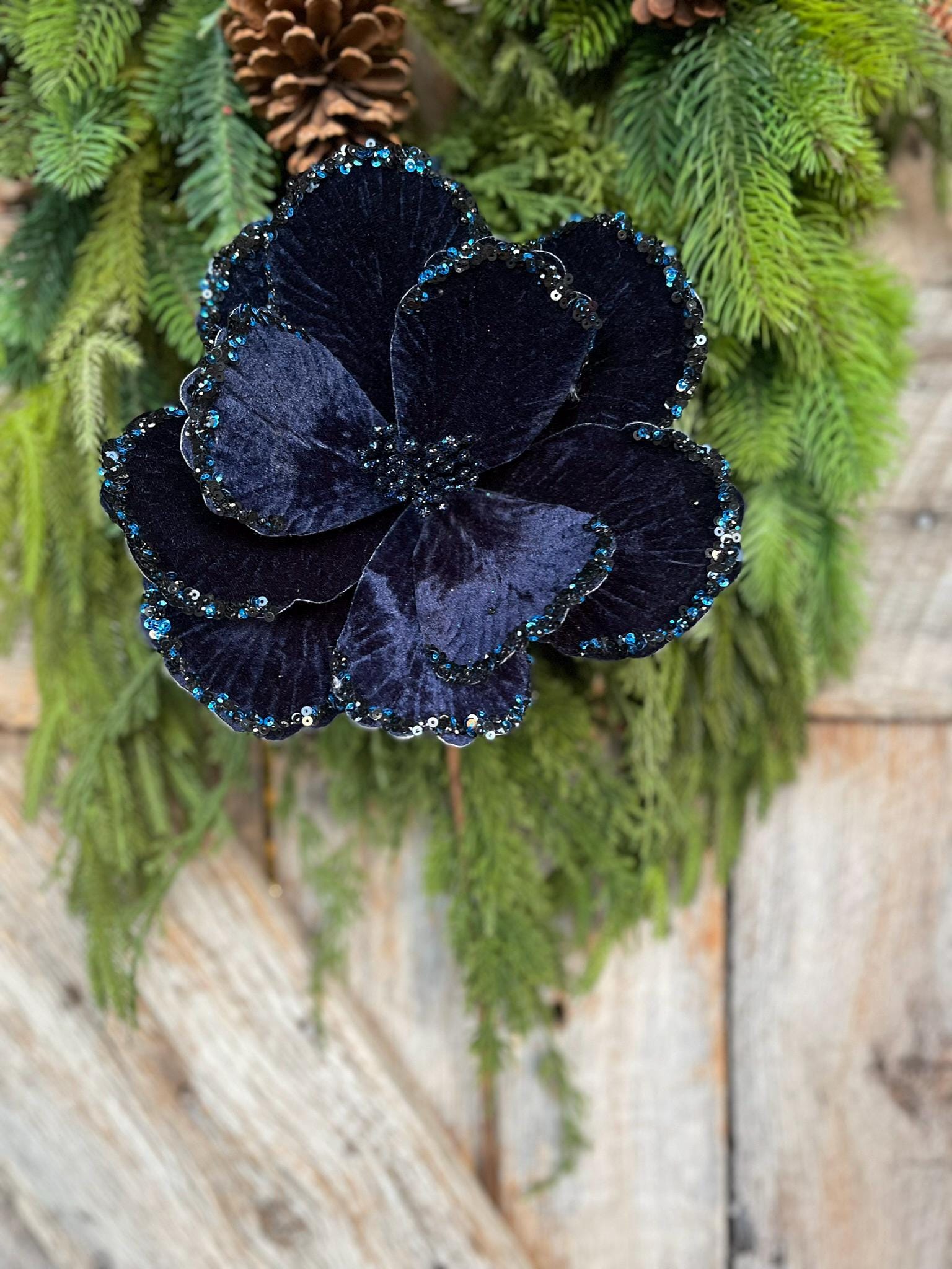 24" Dark Blue Magnolia, Sequin Border Magnolia