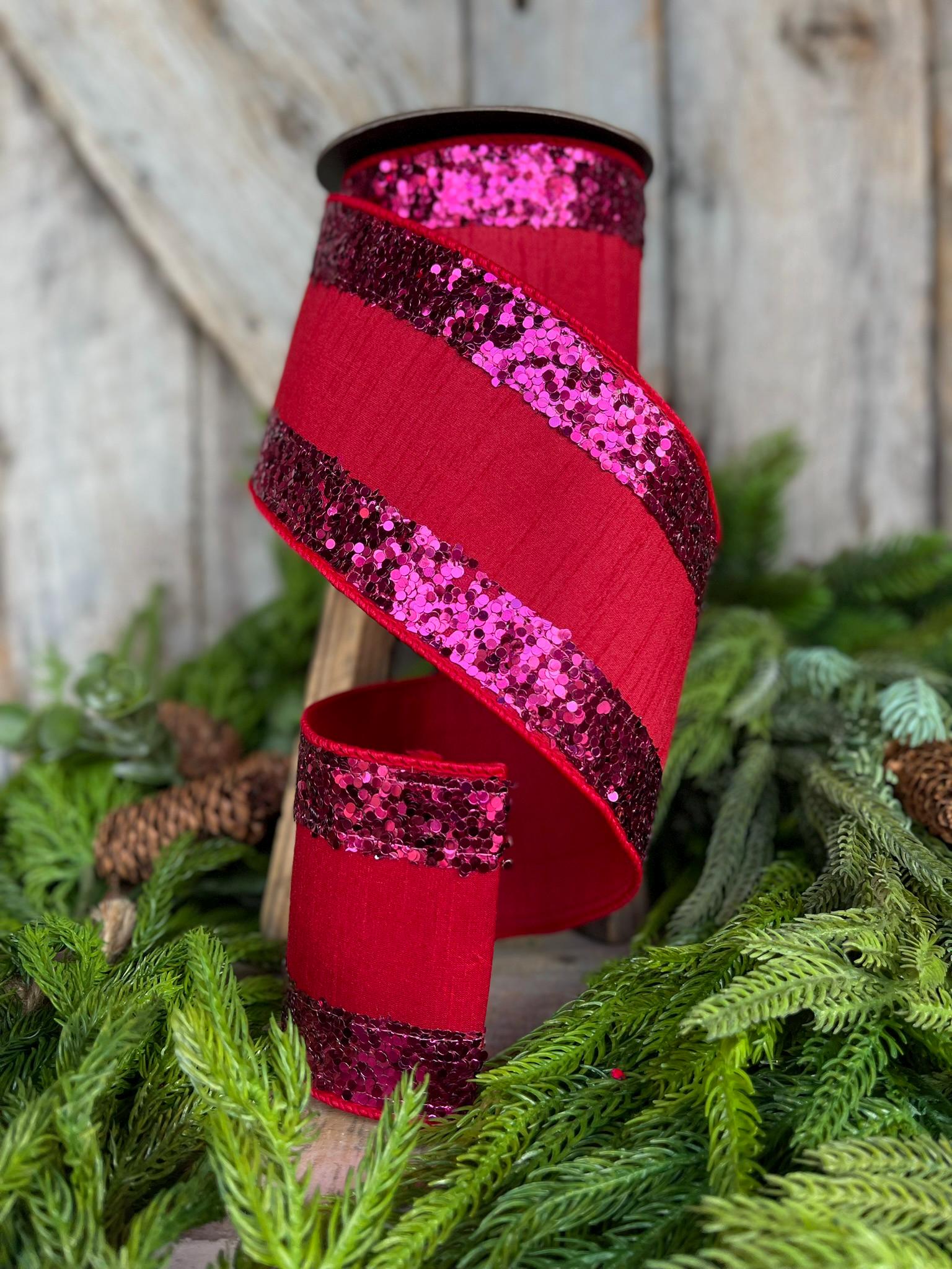 4" Red Hot Pink Glitter RIbbon, Red Fuchsia Glitter Ribbon