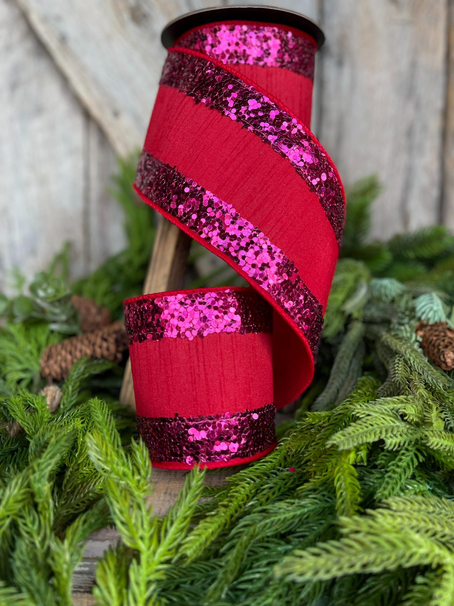 4" Red Hot Pink Glitter RIbbon, Red Fuchsia Glitter Ribbon