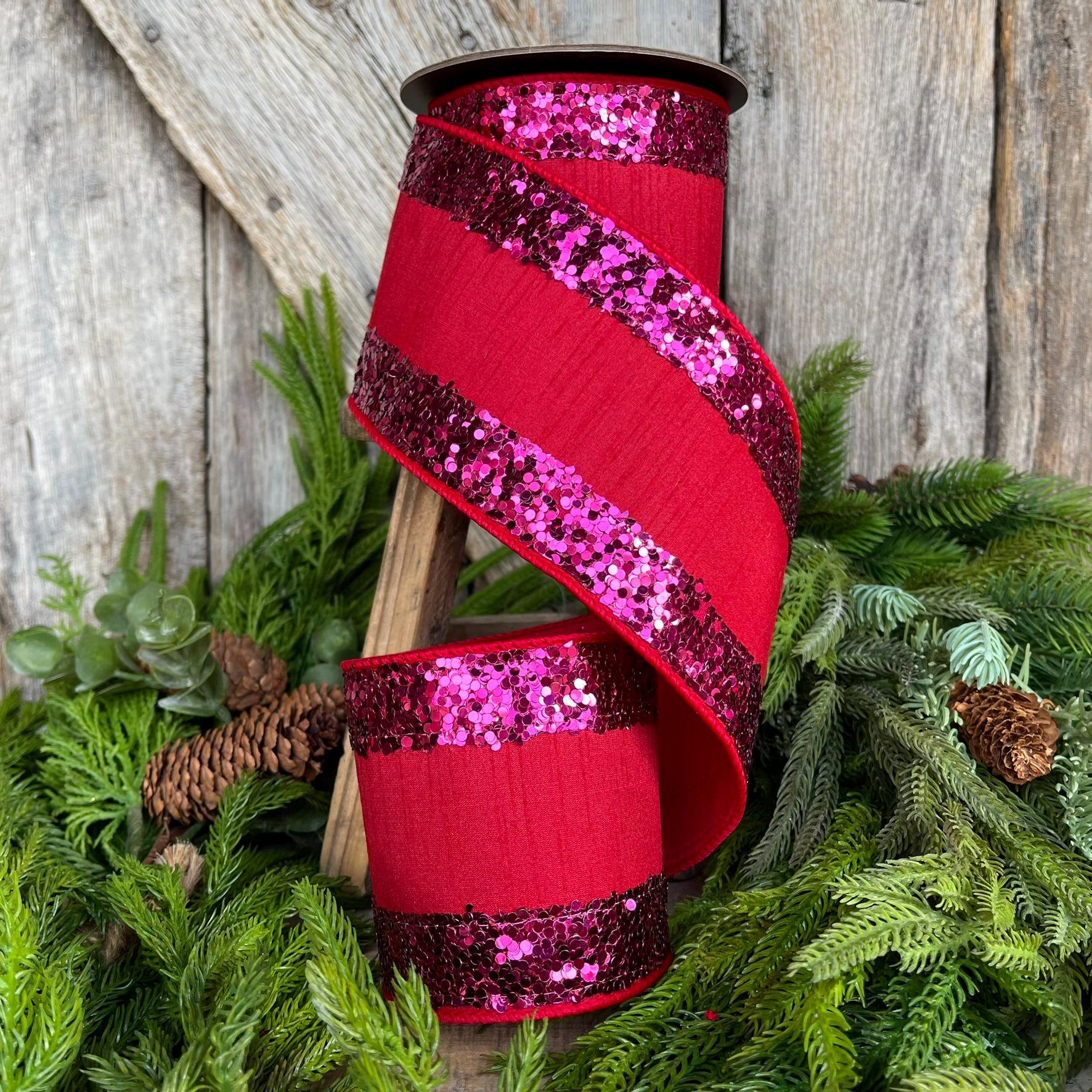 4" Red Hot Pink Glitter RIbbon, Red Fuchsia Glitter Ribbon