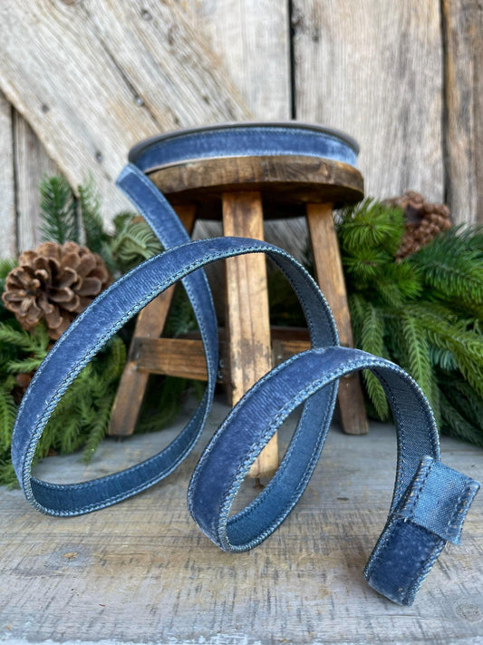 Farrisilk 3/4" Steel Blue Velvet Luster, Blue Velvet Ribbon