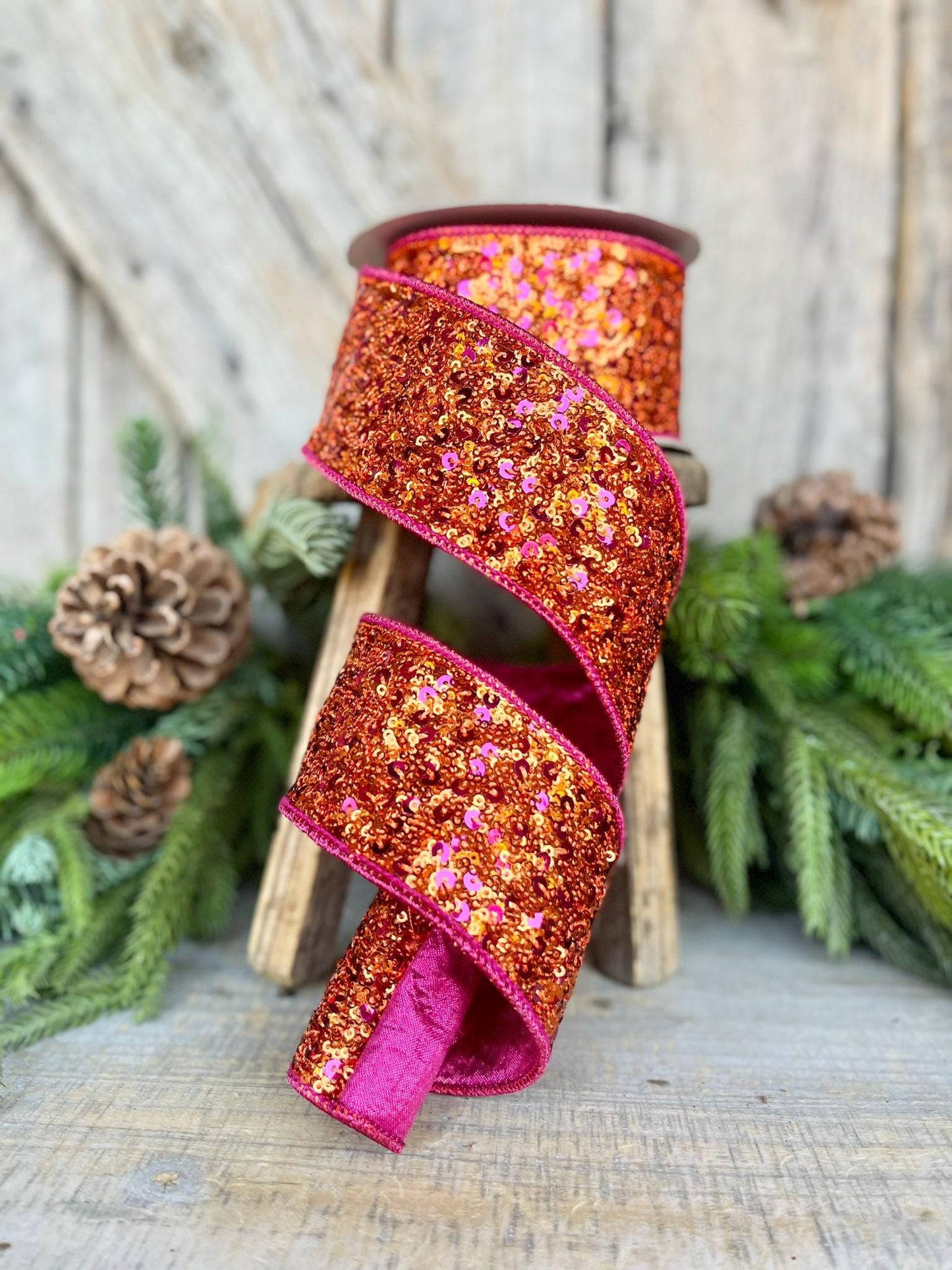 2.5" Pink Orange Sequin Ribbon, Farrisilk Ribbon