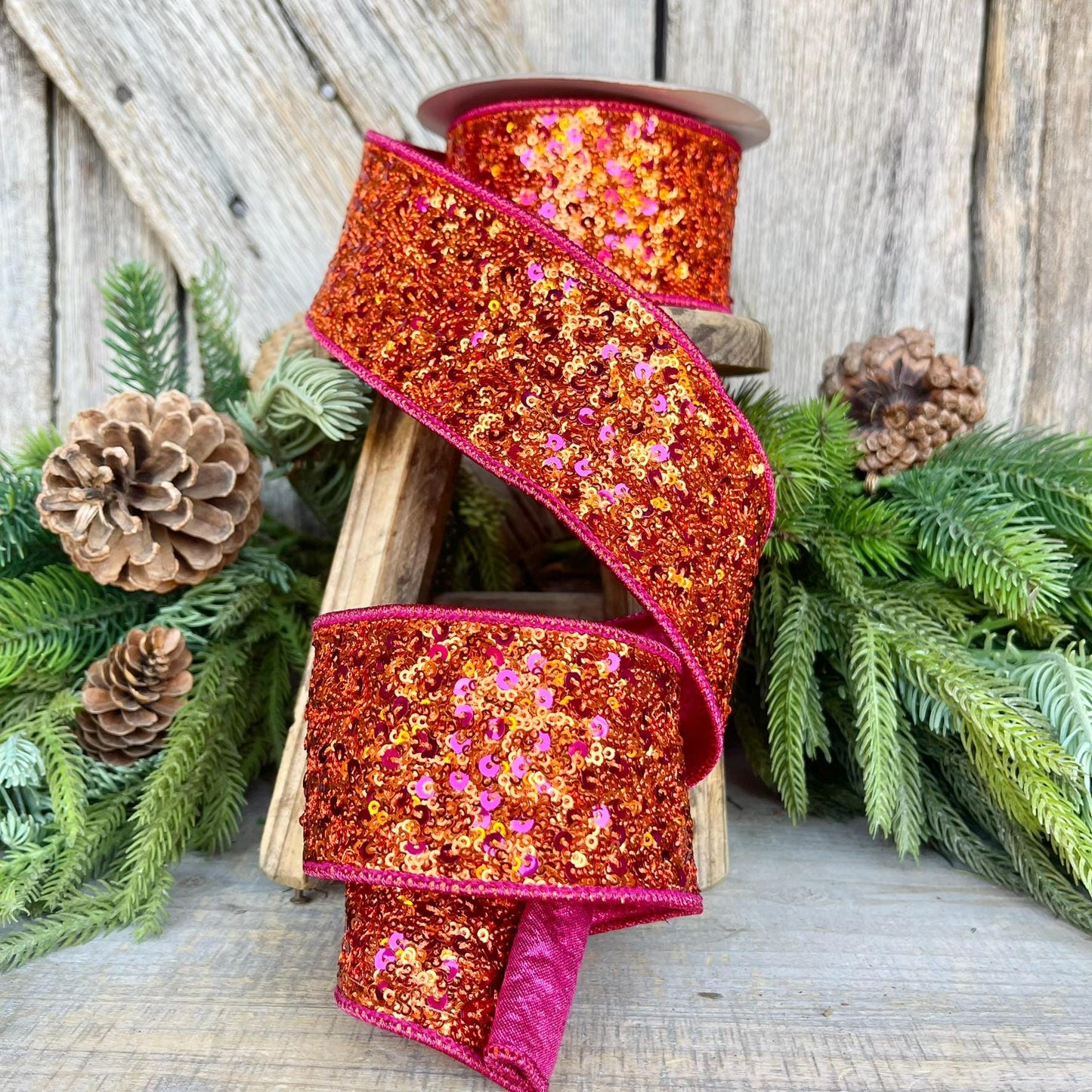 2.5" Pink Orange Sequin Ribbon, Farrisilk Ribbon