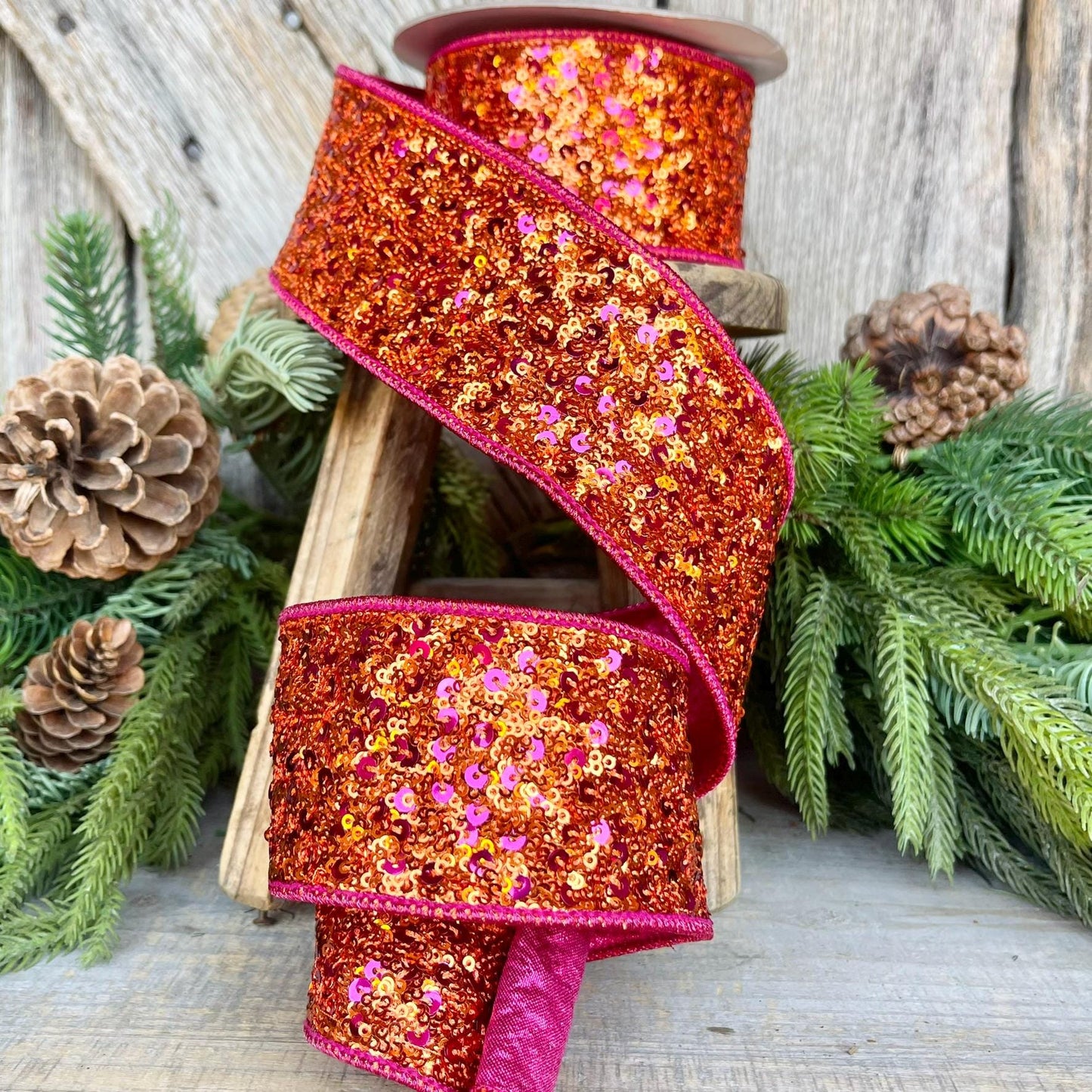 2.5" Pink Orange Sequin Ribbon, Farrisilk Ribbon