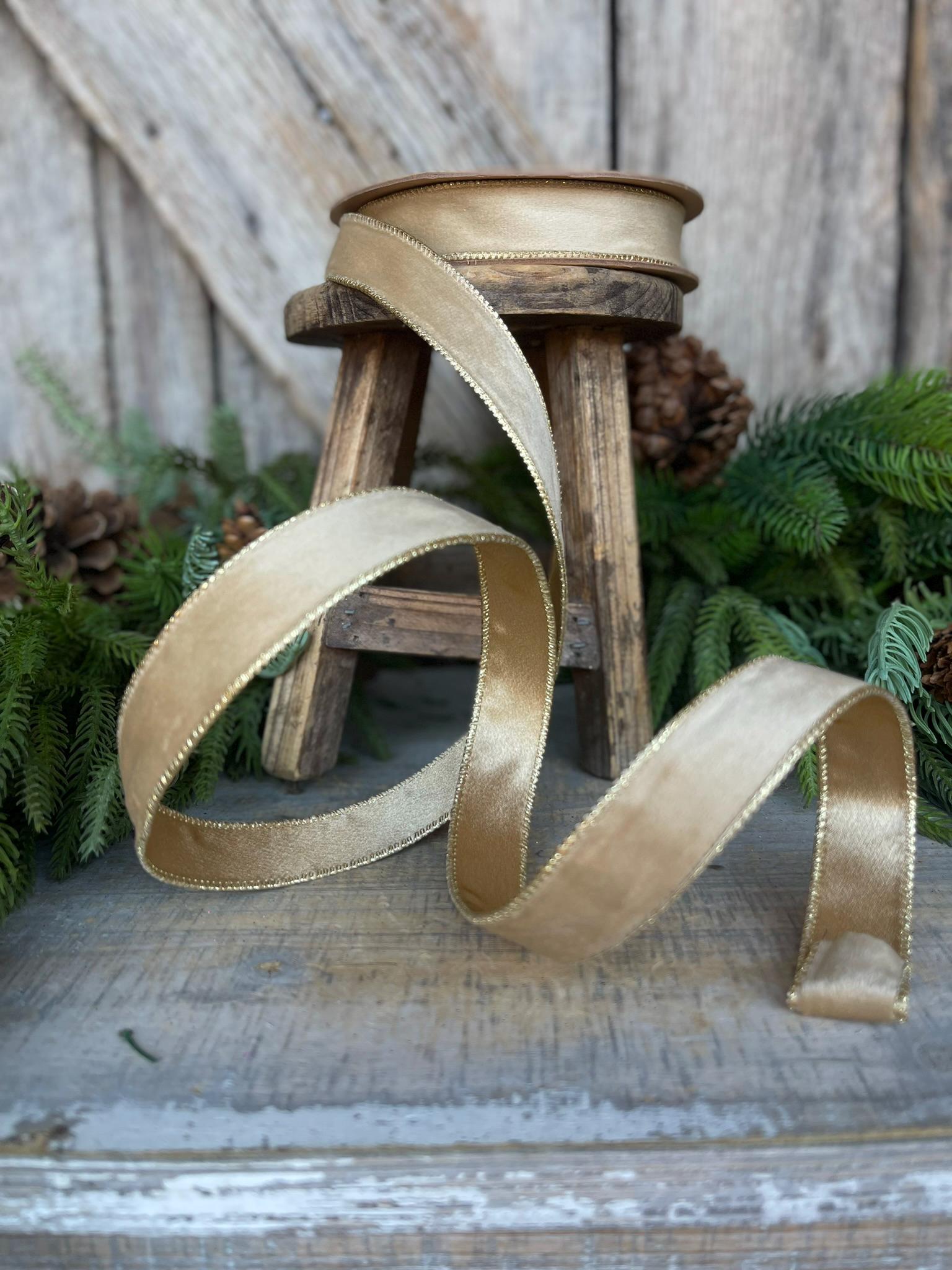 1" Gold Velvet RIbbon, Wired Ribbon