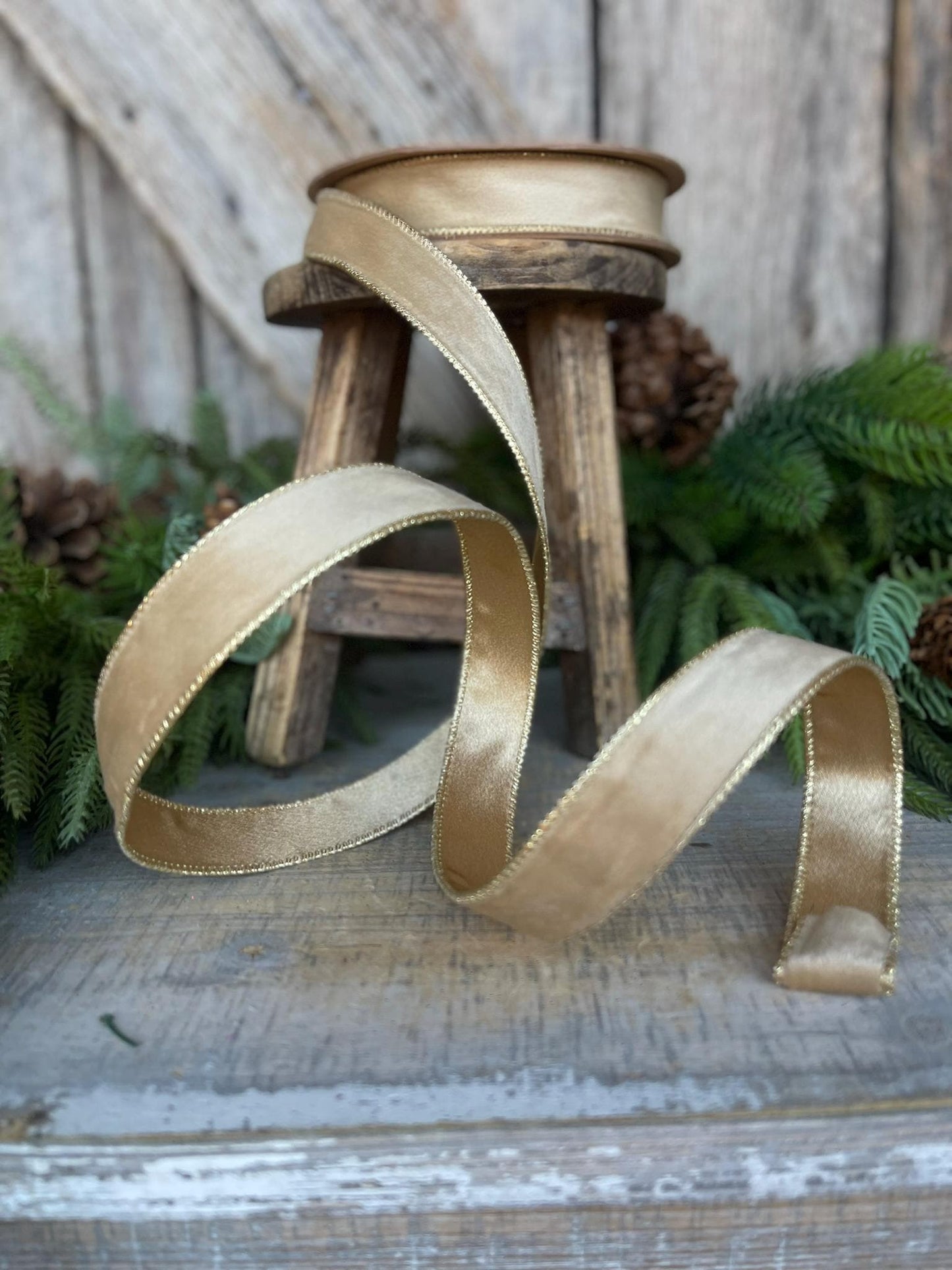 1" Gold Velvet RIbbon, Wired Ribbon