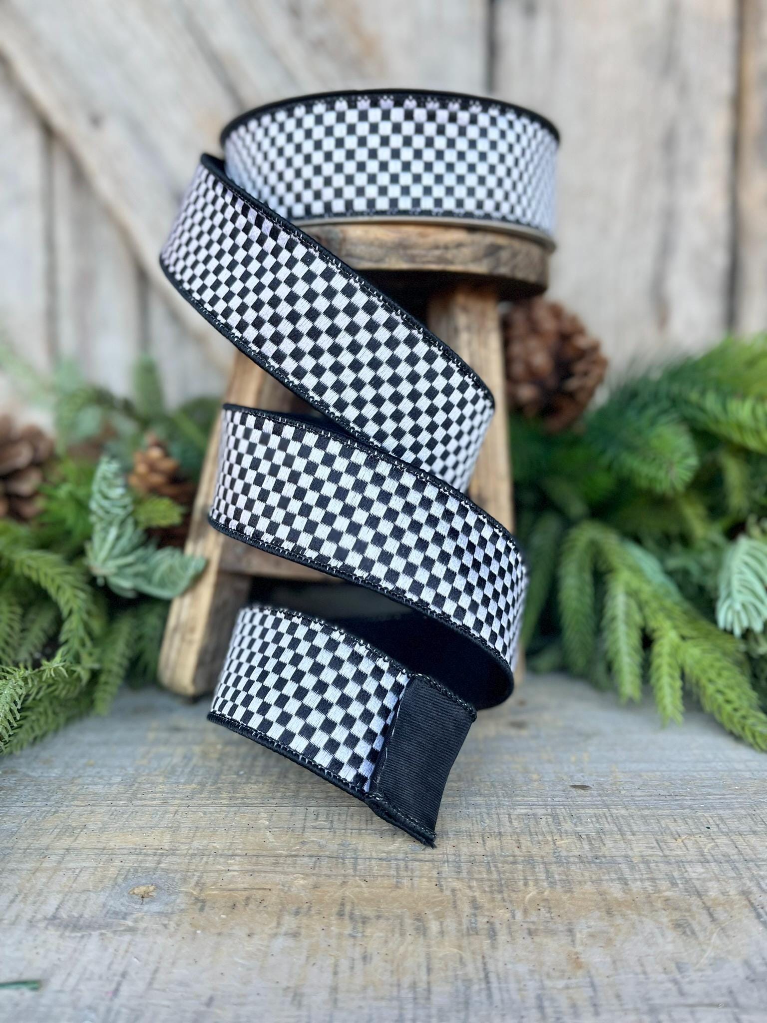 1.5" Black White Checks Ribbon, Farrisilk Ribbon