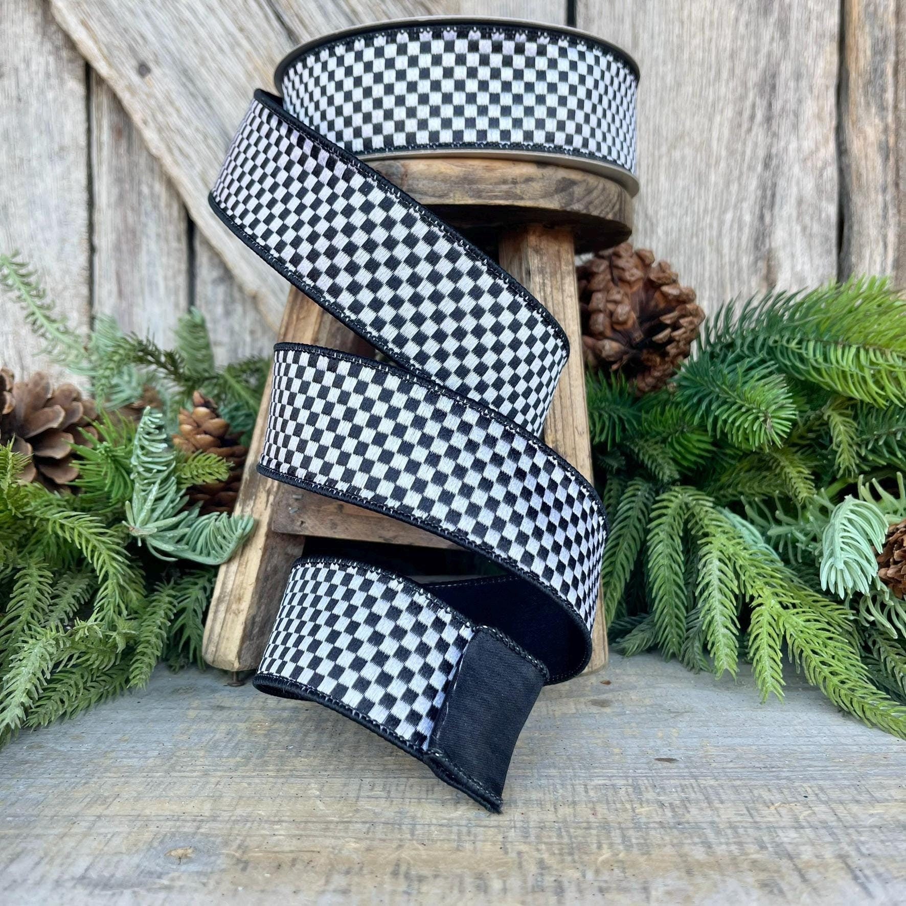 1.5" Black White Checks Ribbon, Farrisilk Ribbon