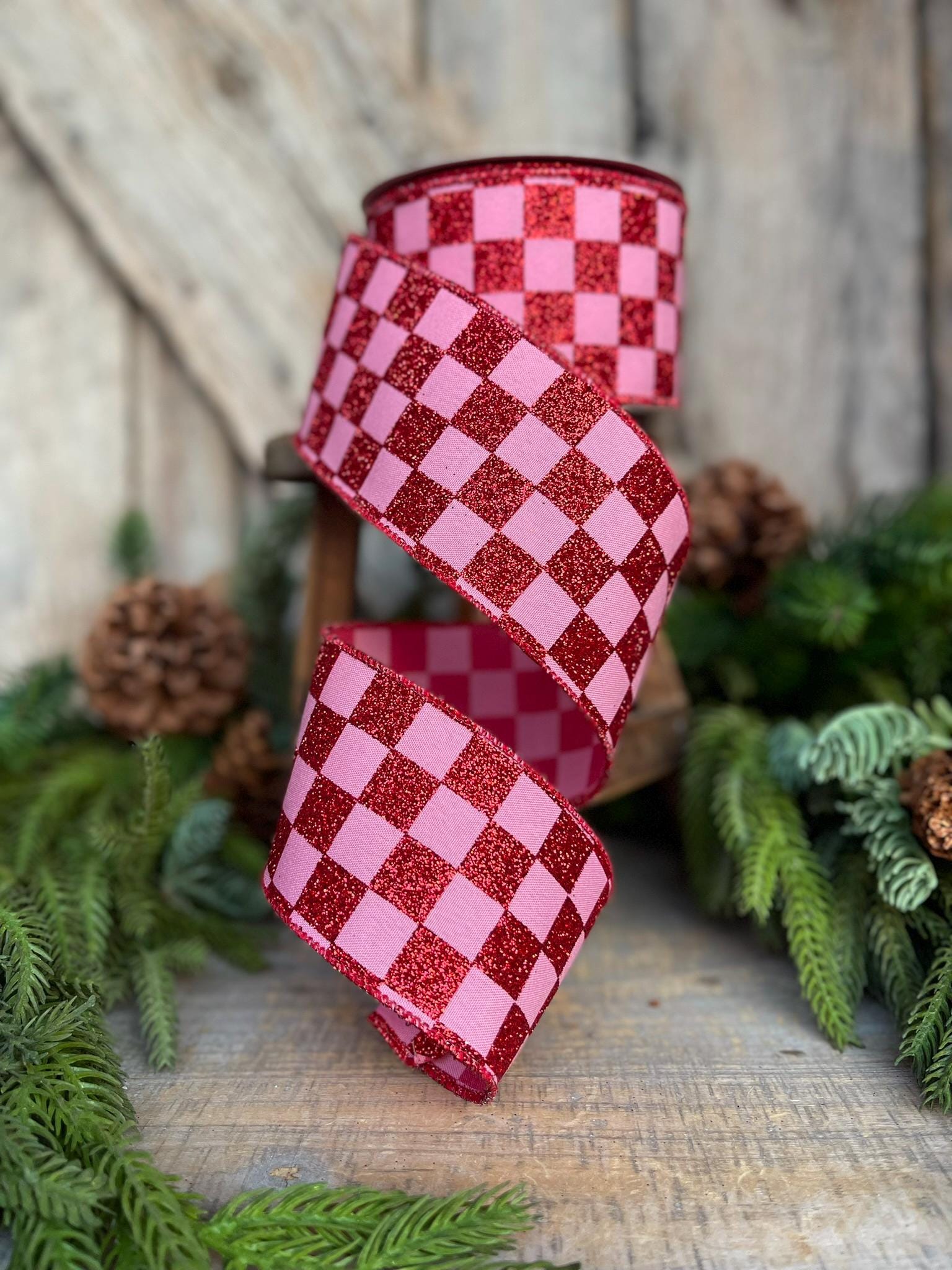 2.5" Red Pink Glitter Check Ribbon, Christmas RIbbon